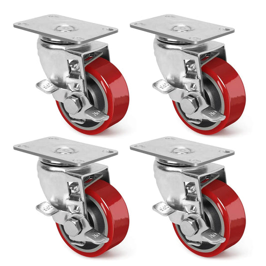 Heavy Duty 3 Inch Swivel Caster Wheels With Brake For Furniture Workbench And Cart, Polyurethane On Steel Wheel, Set of 4