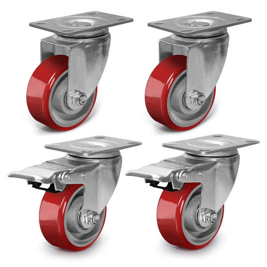 3 Inch Heavy Duty Swivel Caster Wheels with Brakes, Polyurethane on Steel Wheels, Set of 4, includes 2 brake casters