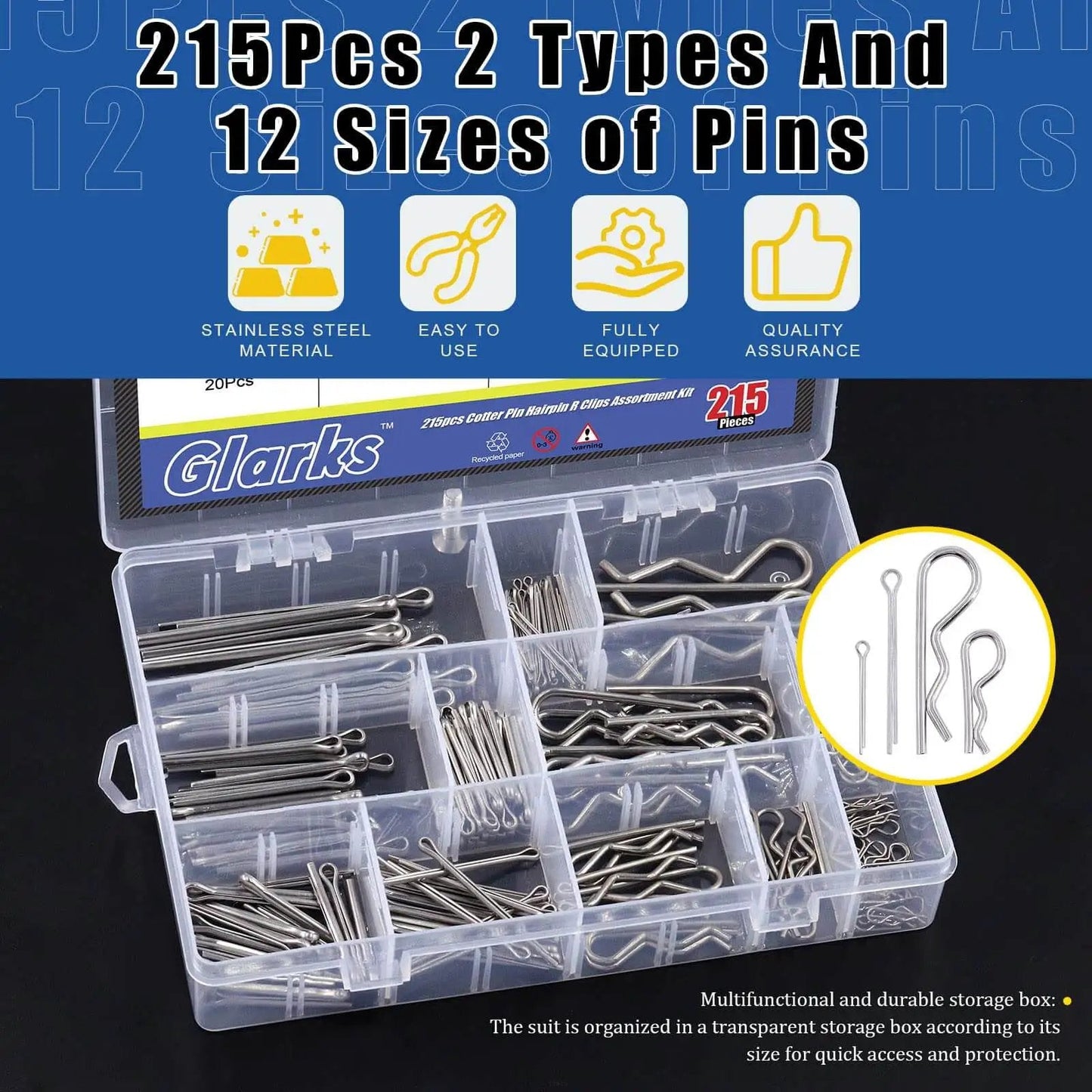 Stainless Steel 304 Cotter Pins And Hairpin R Clips Set 215 Piece Assortment Kit With 12 Sizes in a transparent box