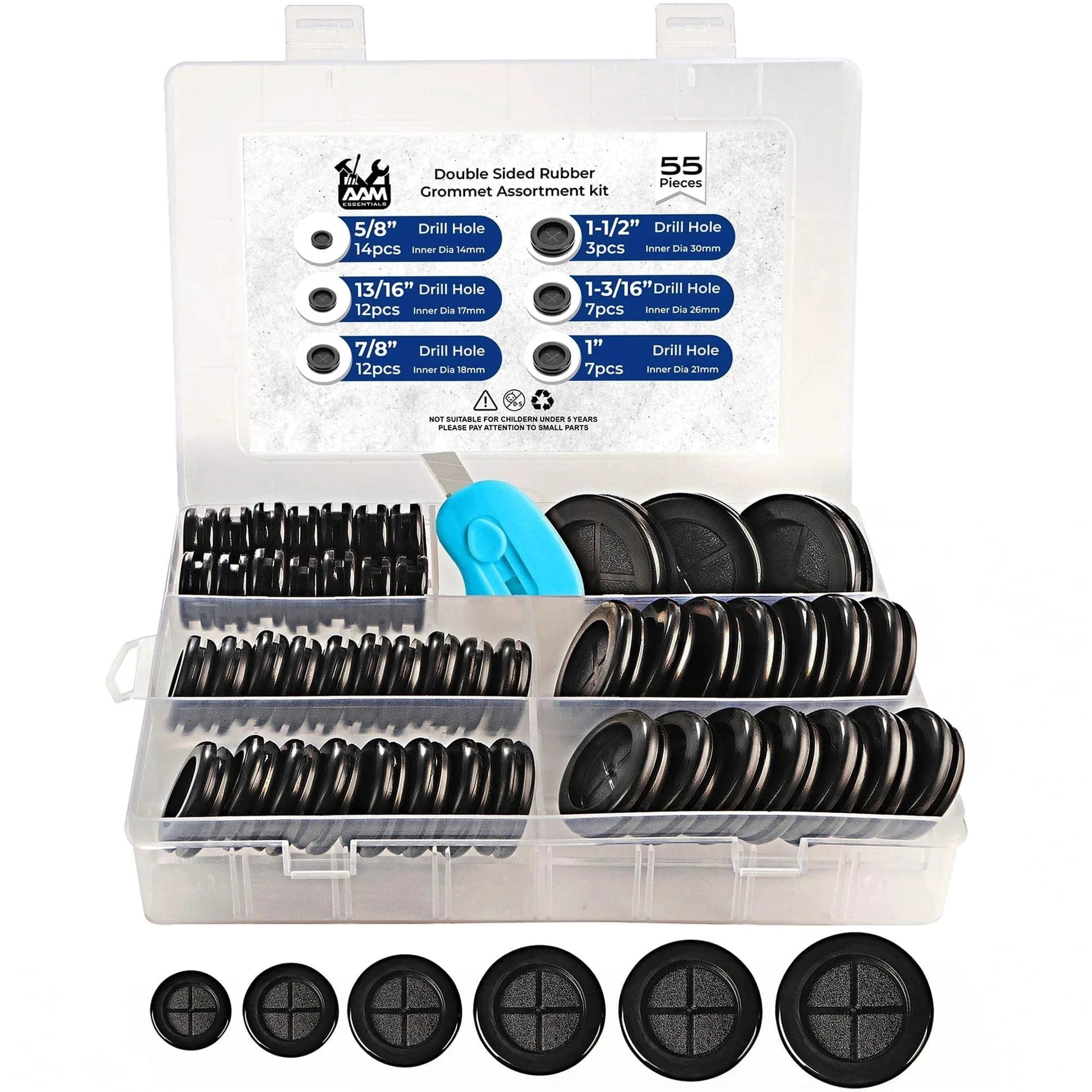 55 Pcs Rubber Grommets Kit With Six Assorted Sizes In Inches for wiring protection with drill hole diagram in clear case