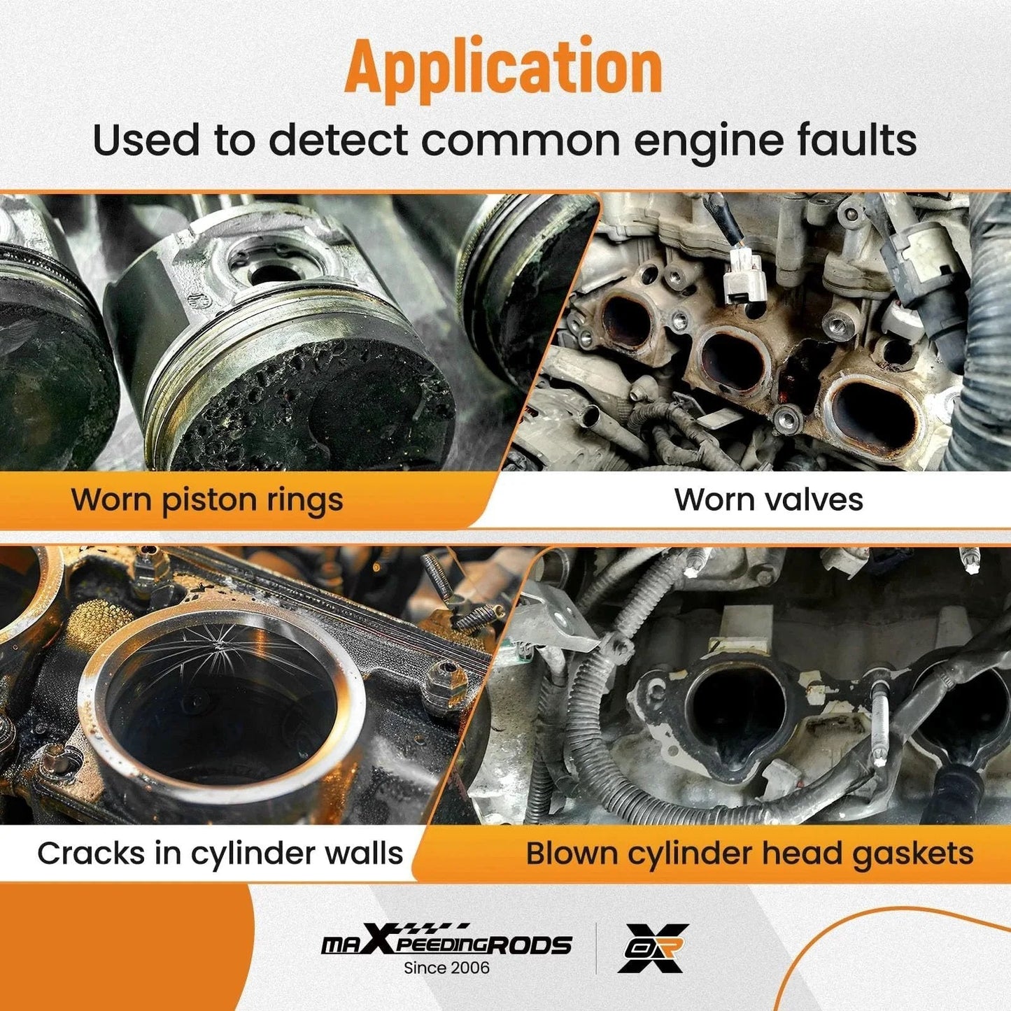 Image showing worn piston rings, worn valves, cracks in cylinder walls, and blown cylinder head gaskets on gasoline engines.