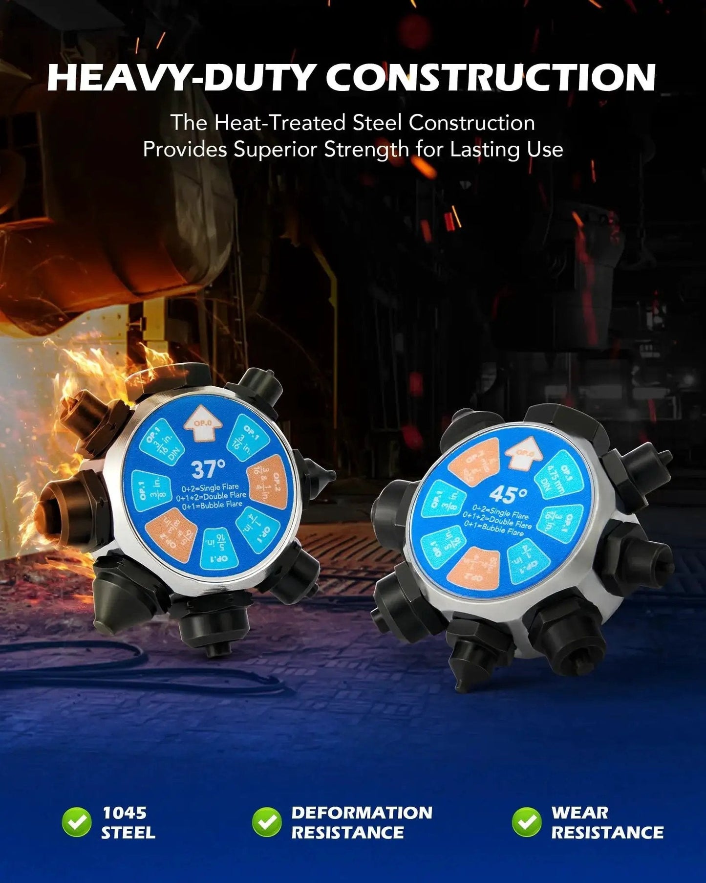 Dual-head brake line flare tool kit showing 37 and 45 degree dies for 3/16 to 3/8 inch tubing, heavy-duty steel construction.
