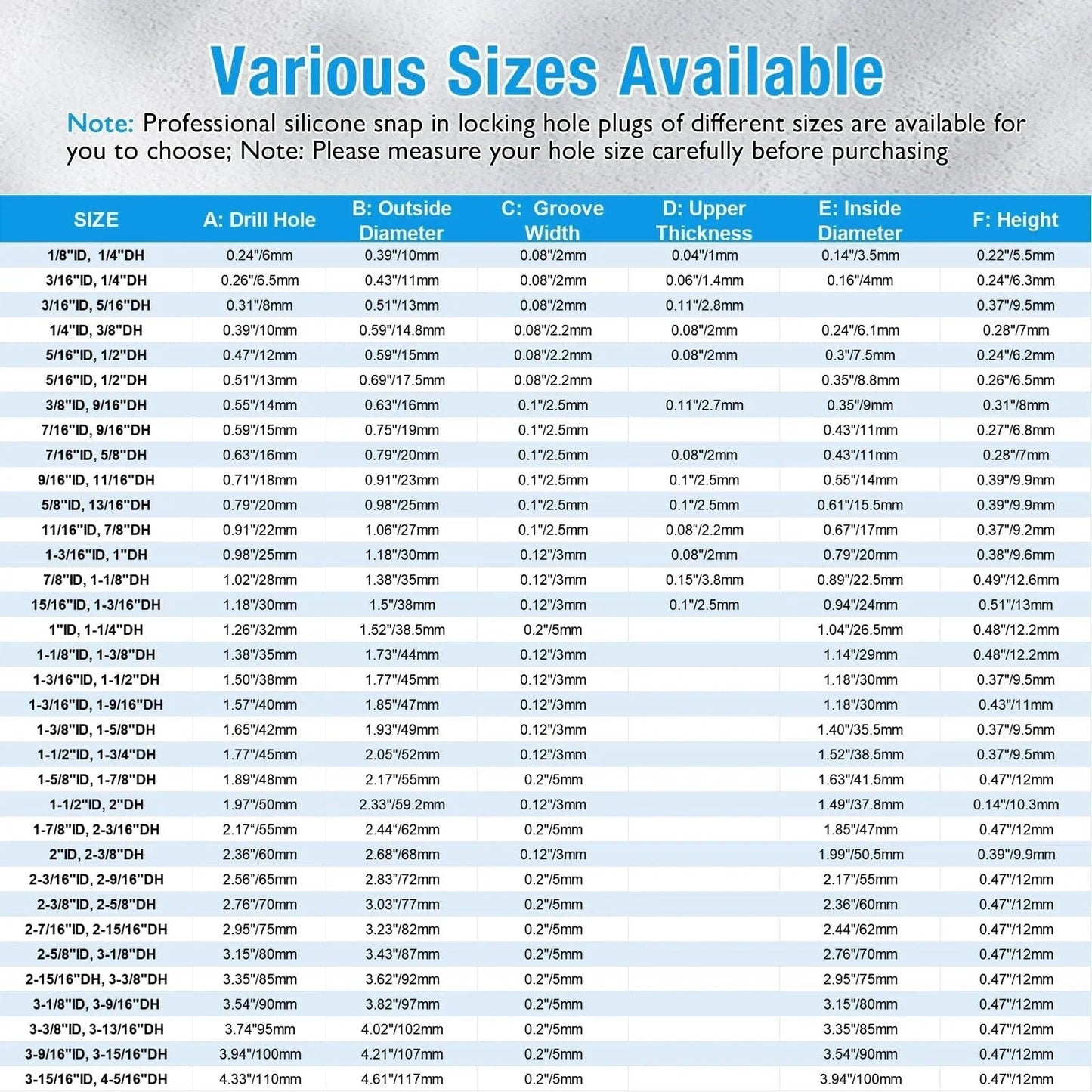 Size chart for silicone snap-in locking hole plugs in various diameters and dimensions for different applications.