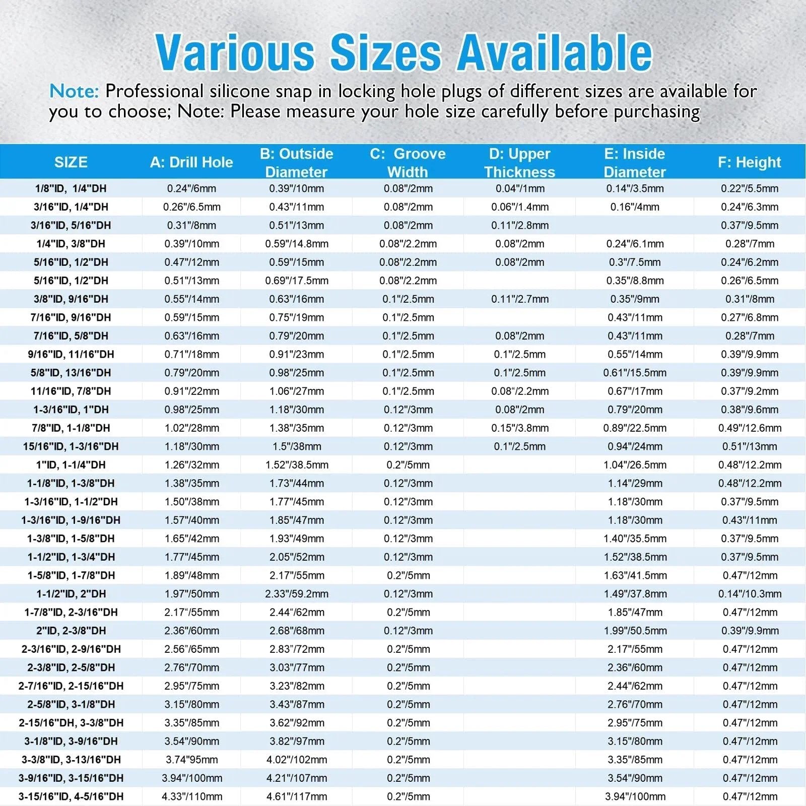 Size chart for silicone snap-in locking hole plugs in various diameters and dimensions for different applications.