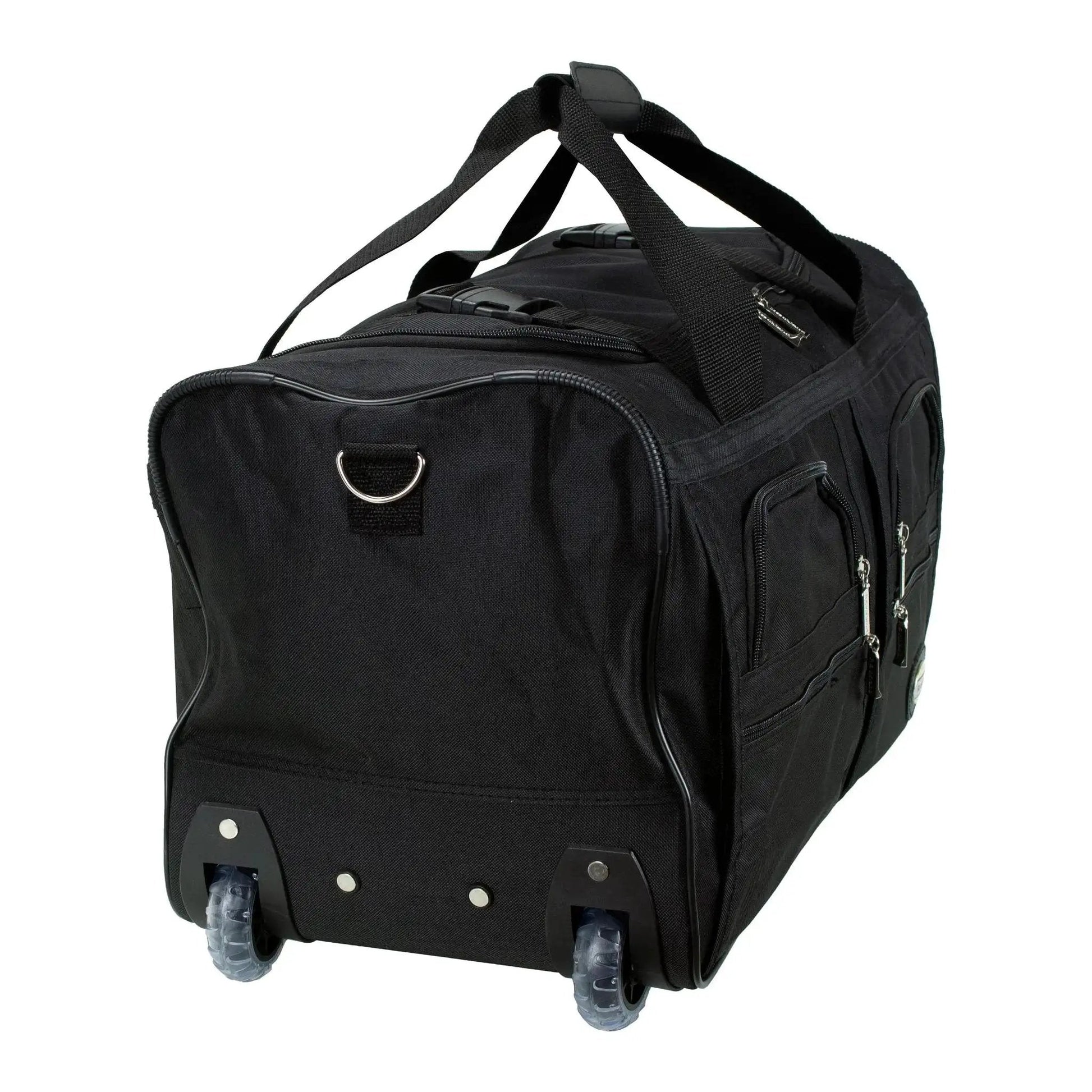 Black 22-inch rolling duffel bag with extra large wheels and a wide U-shaped opening, featuring heavy-duty zippers and four front pockets.