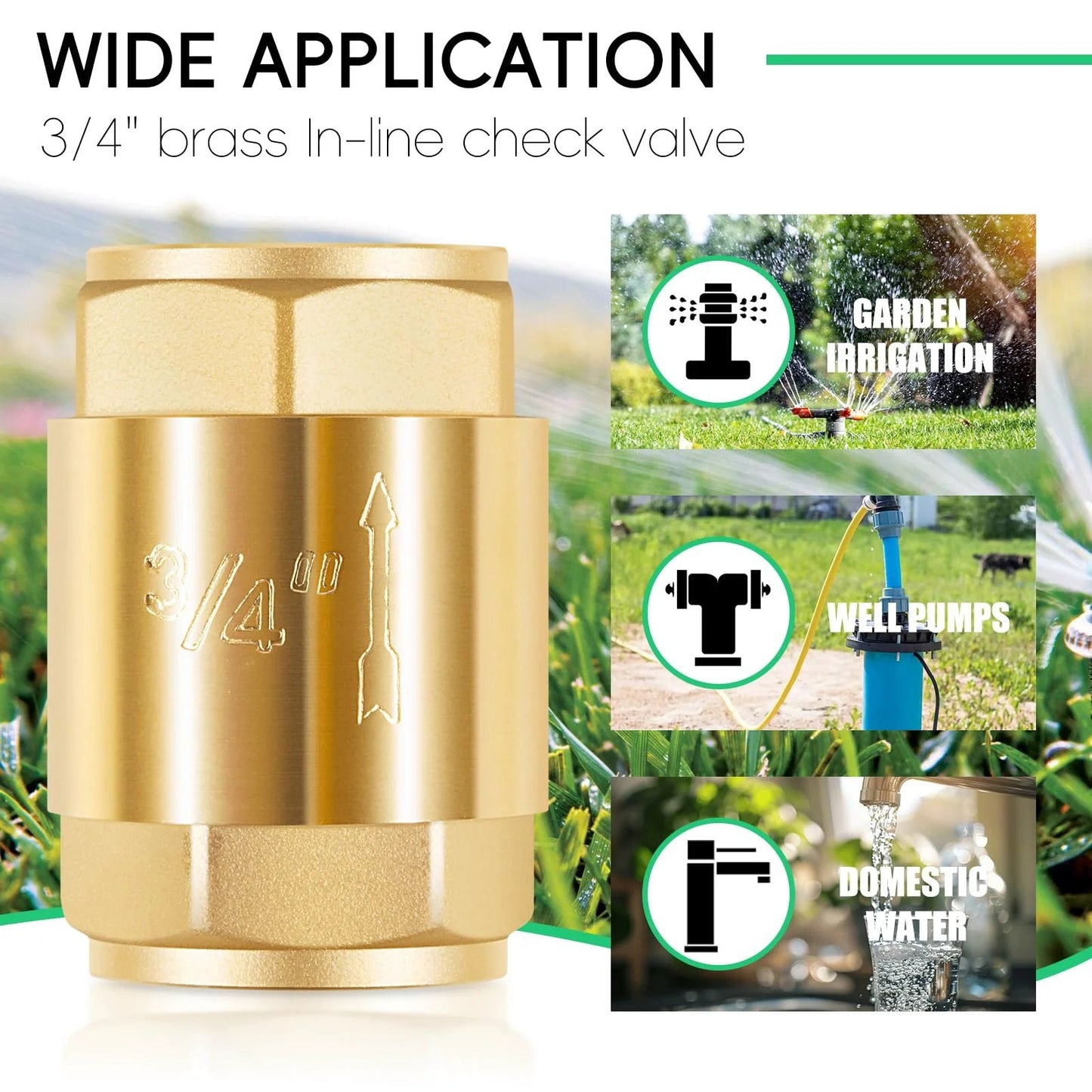 Two Pack Brass In Line One Way Check Valve Three Quarter Inch IPS For Water Hose Backflow Prevention Ideal For Plumbing Irrigation And HVAC Systems For Home And Commercial Use