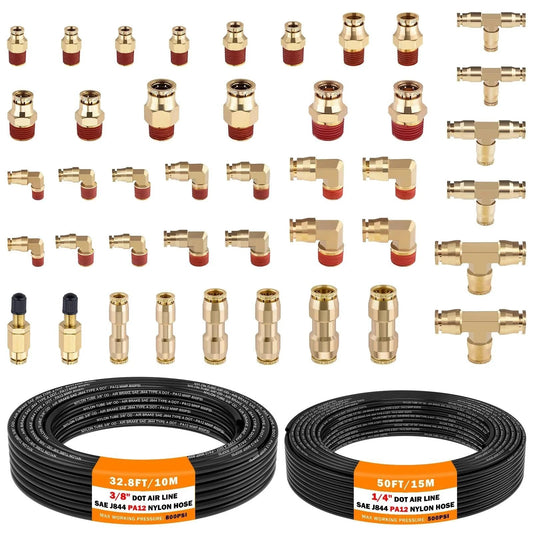 43 Pcs Brass DOT Air Line Fittings Kit With Fifty Feet One Quarter Inch And Thirty Two Point Eight Feet Three Eighths Inch DOT Air Hose, Push To Connect And Quick Connect Fittings In NPT Threads, Includes Essential Connectors For Tire Shop And Garage