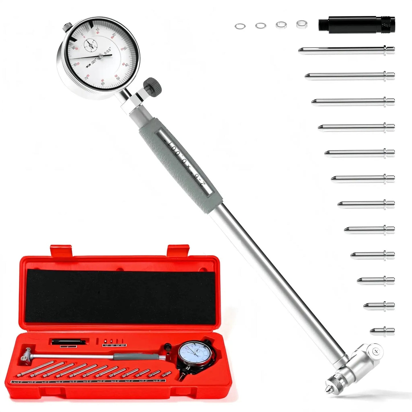 Dial Bore Gauge Set 2 to 6 Inches With 0.001 Inch Accuracy, Self Centering Dial Indicator For Engine Cylinder Holes displayed with case