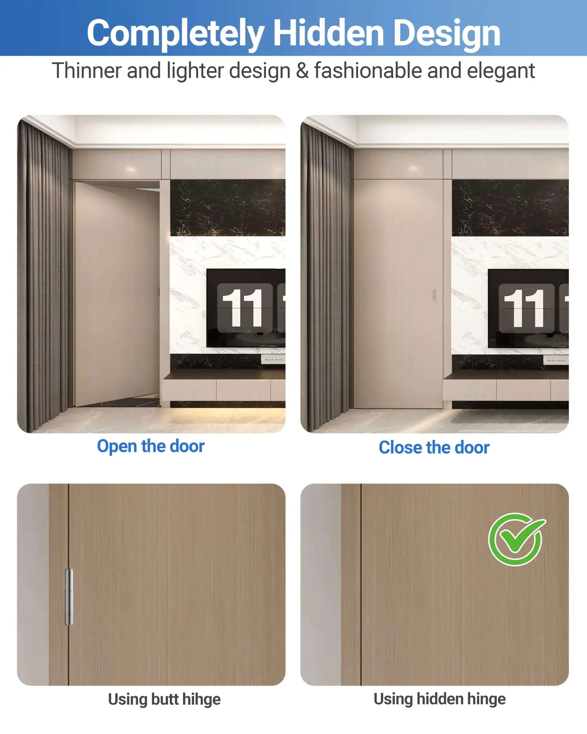 Comparison of door with butt hinge and Upgraded Invisible Door Hinges 2 Pack Black 6 Inch Concealed Hidden Hinges For Doors.