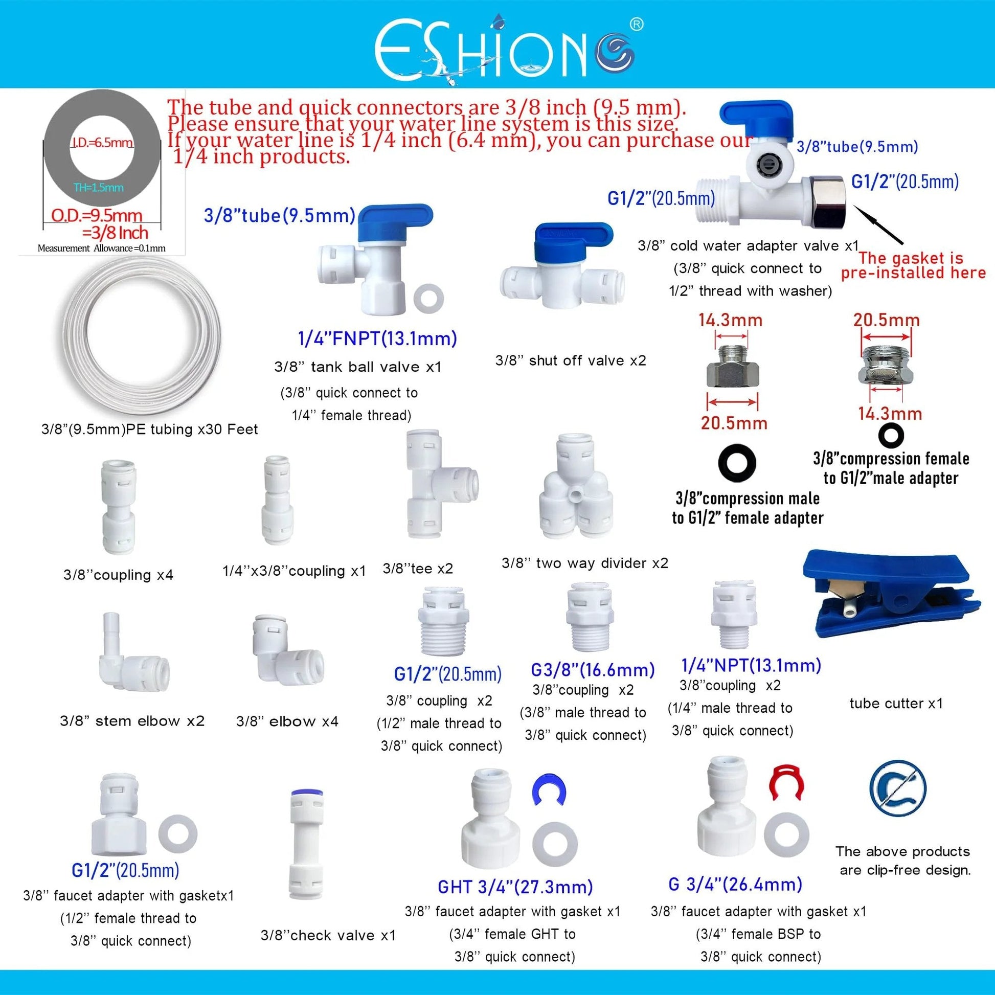 Diagram of Push To Connect Fittings For RO System With Three Eighths Inch Tubing Kit Including Thirty Fittings And Thirty Feet Of Food Grade POM Tubing NSF Certified BPA Free TUV SGS Approved Easy Install