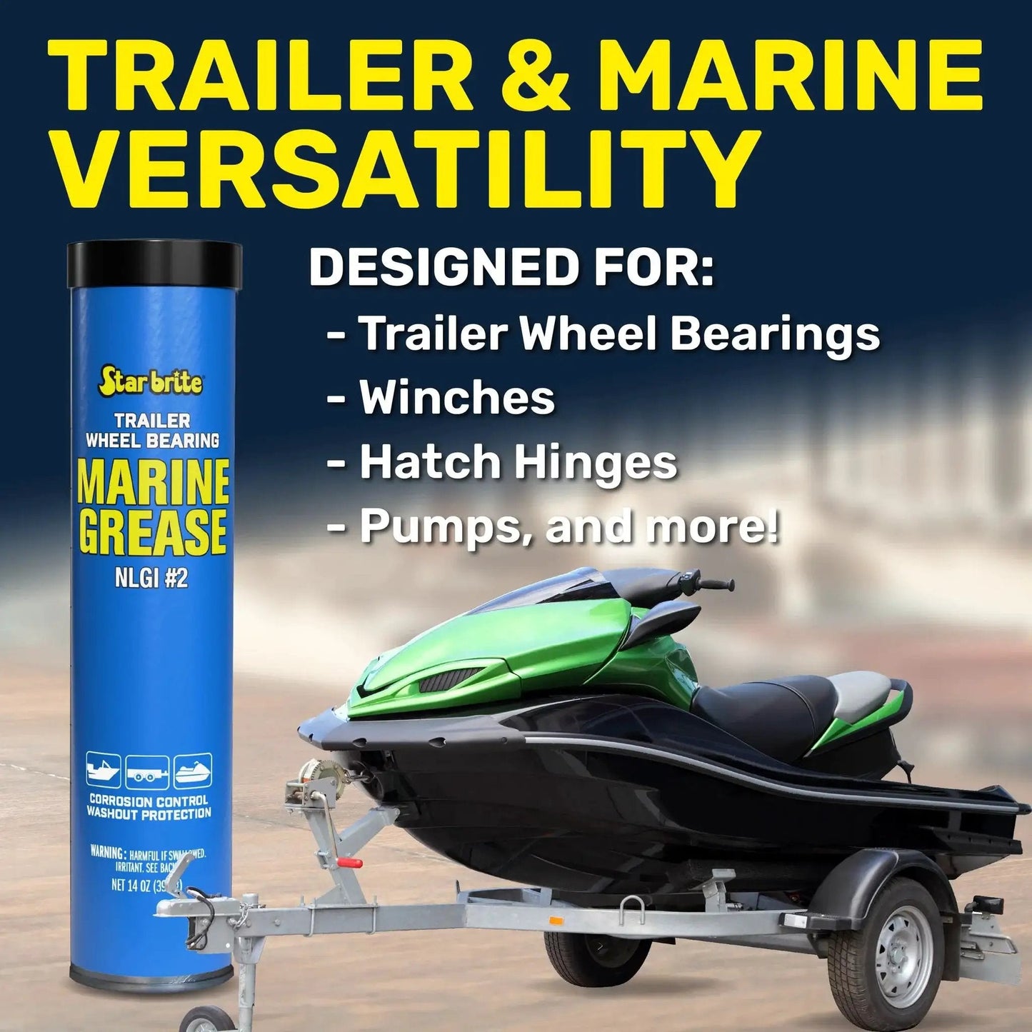 Marine Grade Wheel Bearing Grease For Boat Trailers And Marine Gear, 14 Oz Cartridge next to jet ski on trailer
