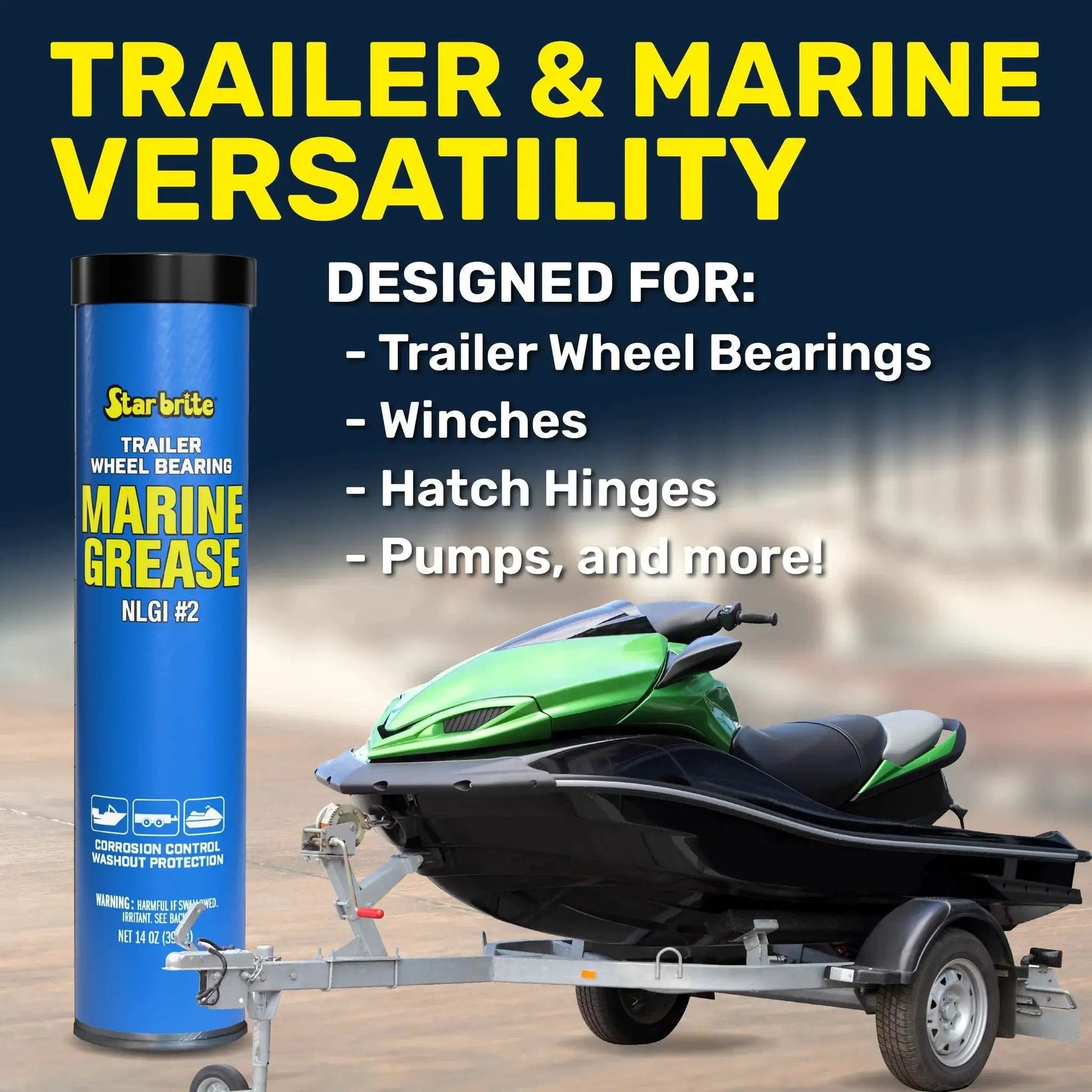 Marine Grade Wheel Bearing Grease For Boat Trailers And Marine Gear, 14 Oz Cartridge next to jet ski on trailer