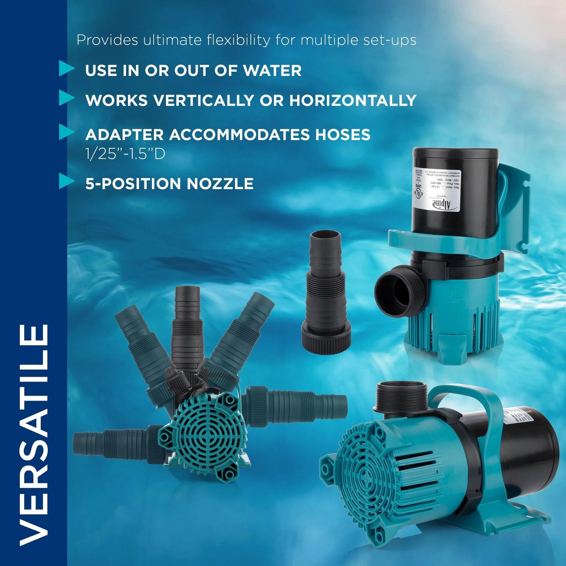 Image of Beast 3000 GPH Vortex Submersible Pump For Ponds Waterfalls And Fountains Energy-Saving Durable Design Quiet Operation Black Teal Finish showing a versatile 5-position nozzle and hose adapter.