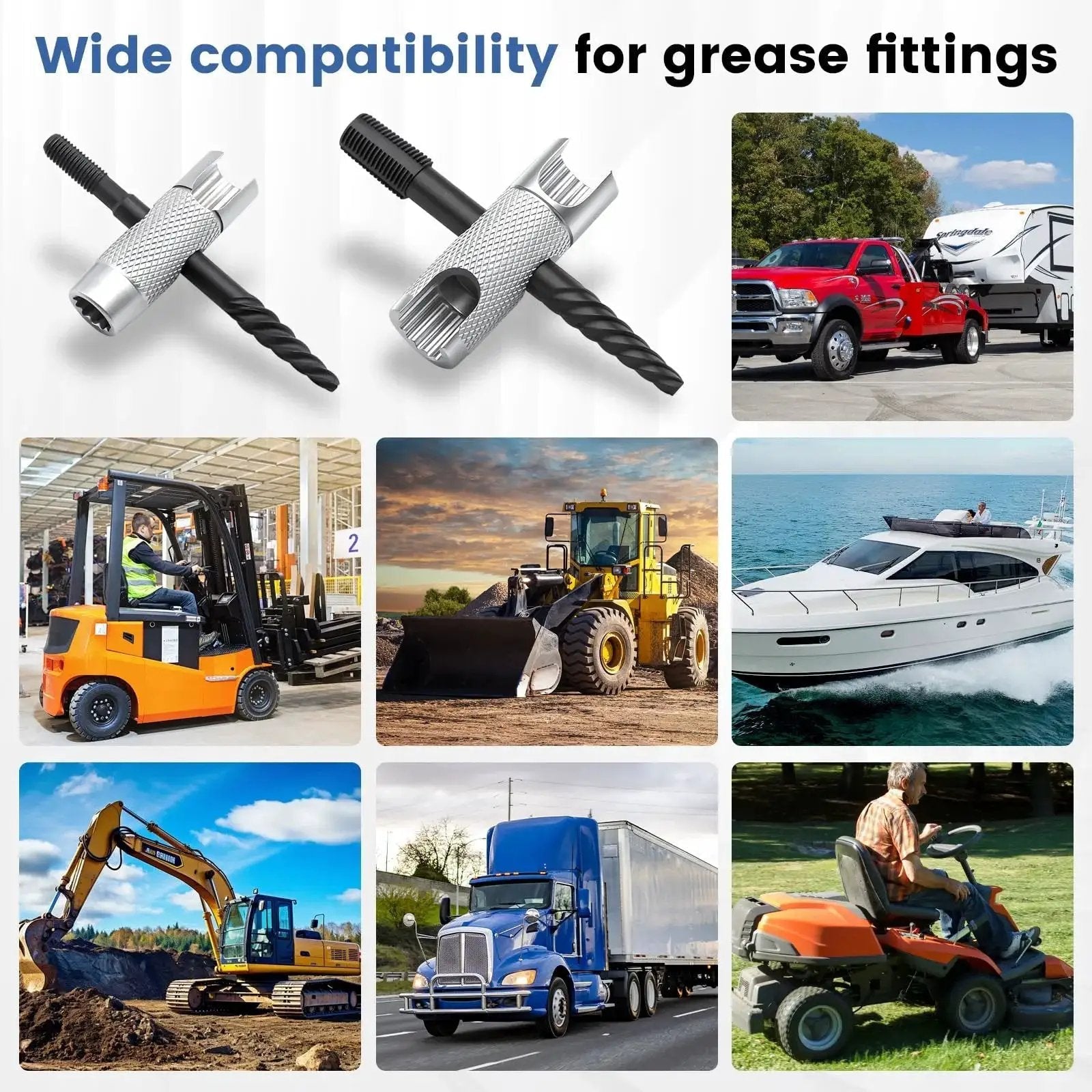 Grease Fitting Tool Set 2 Pack 4 In 1 Zerk Fitting Tool with vehicles and machinery showcasing diverse applications.