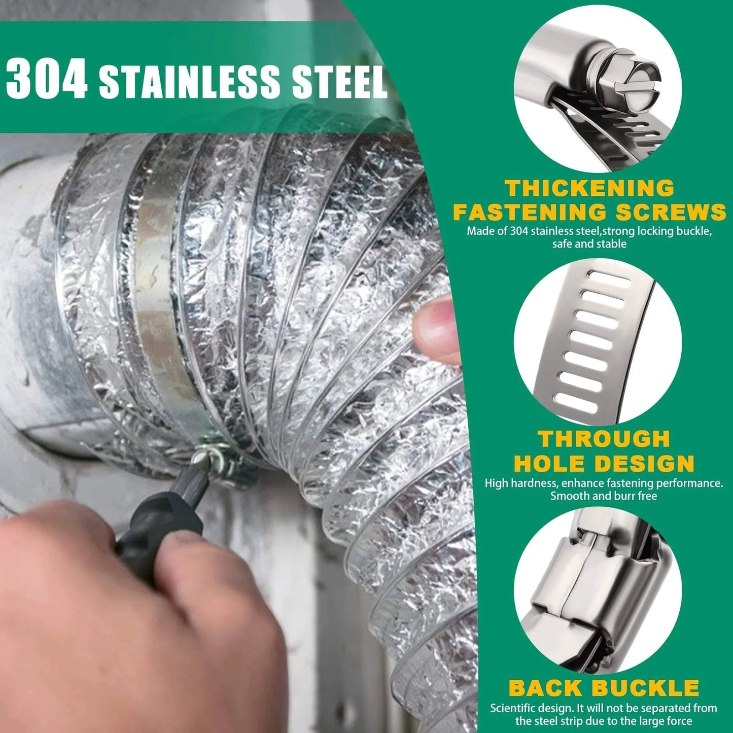 Large Ten Pack Stainless Steel Hose Clamps Two And A Half Inch Adjustable Worm Gear Duct Clamps being installed on dryer vent