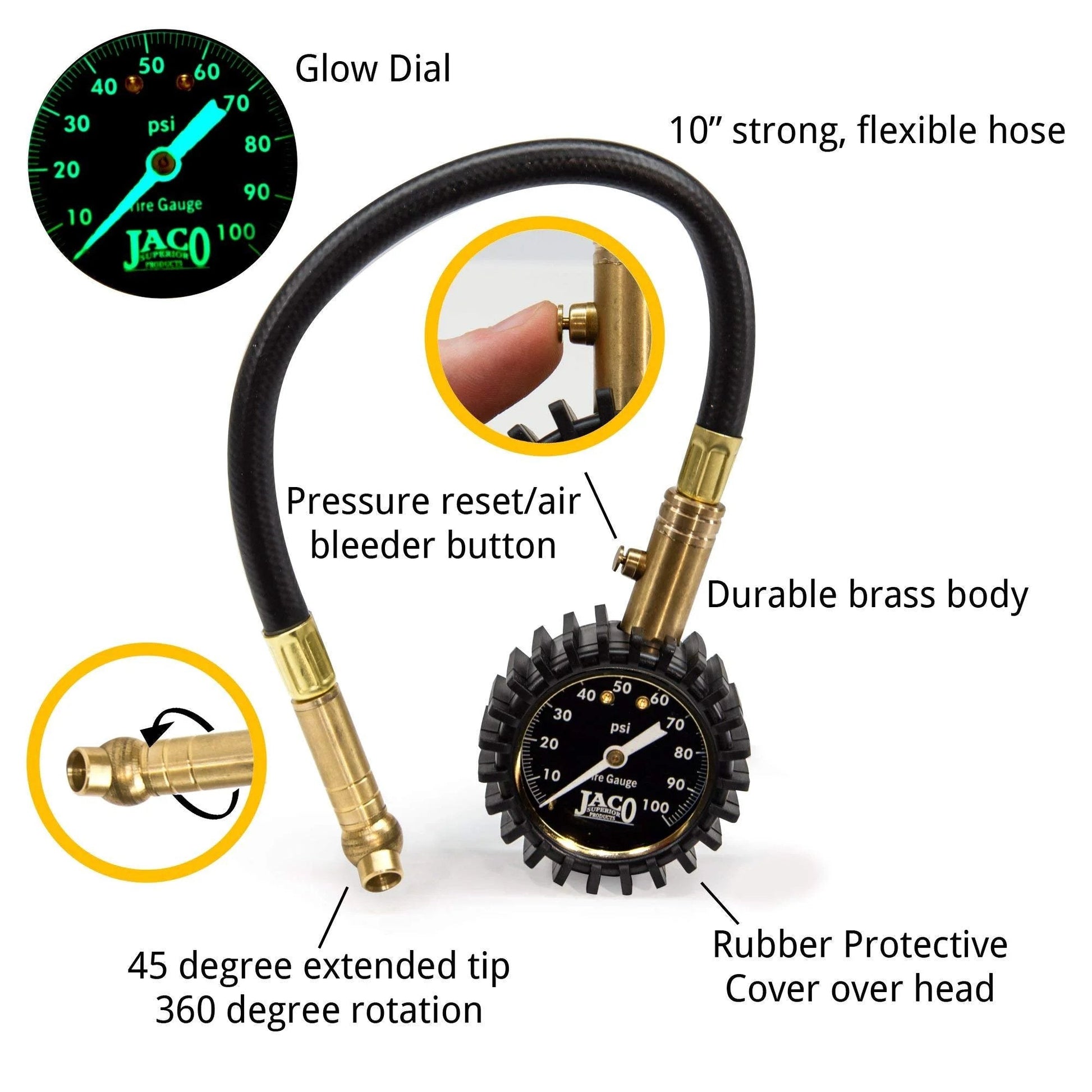 ElitePro Tire Pressure Gauge 100 PSI Mechanic Recommended Battery Free Precision With ANSI Certified Accuracy Plus Or Minus 1.5 Percent Brass Construction with glow dial and flexible hose