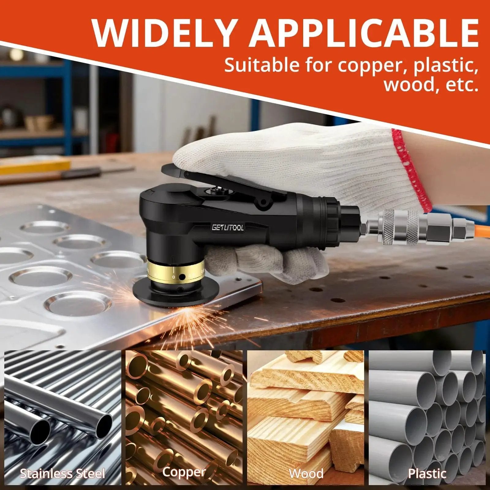 Pro Grade Pneumatic Chamfering Tool Kit shown deburring a metal sheet, displaying its application on various materials.