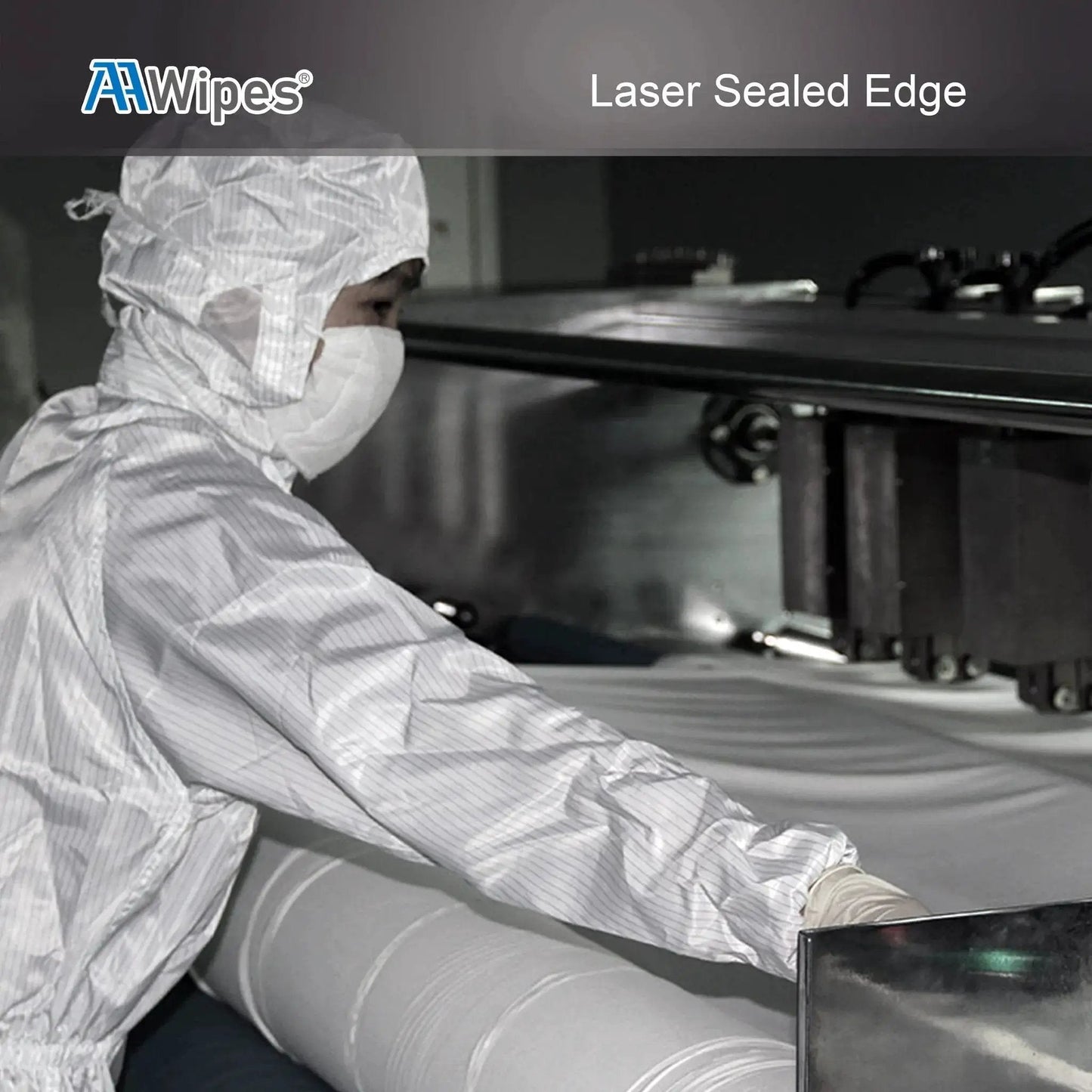 Technician using machine to laser seal Ultra Soft Cleanroom Cloth Wipes 6x6 Inch 150 Count Polyester Microfiber
