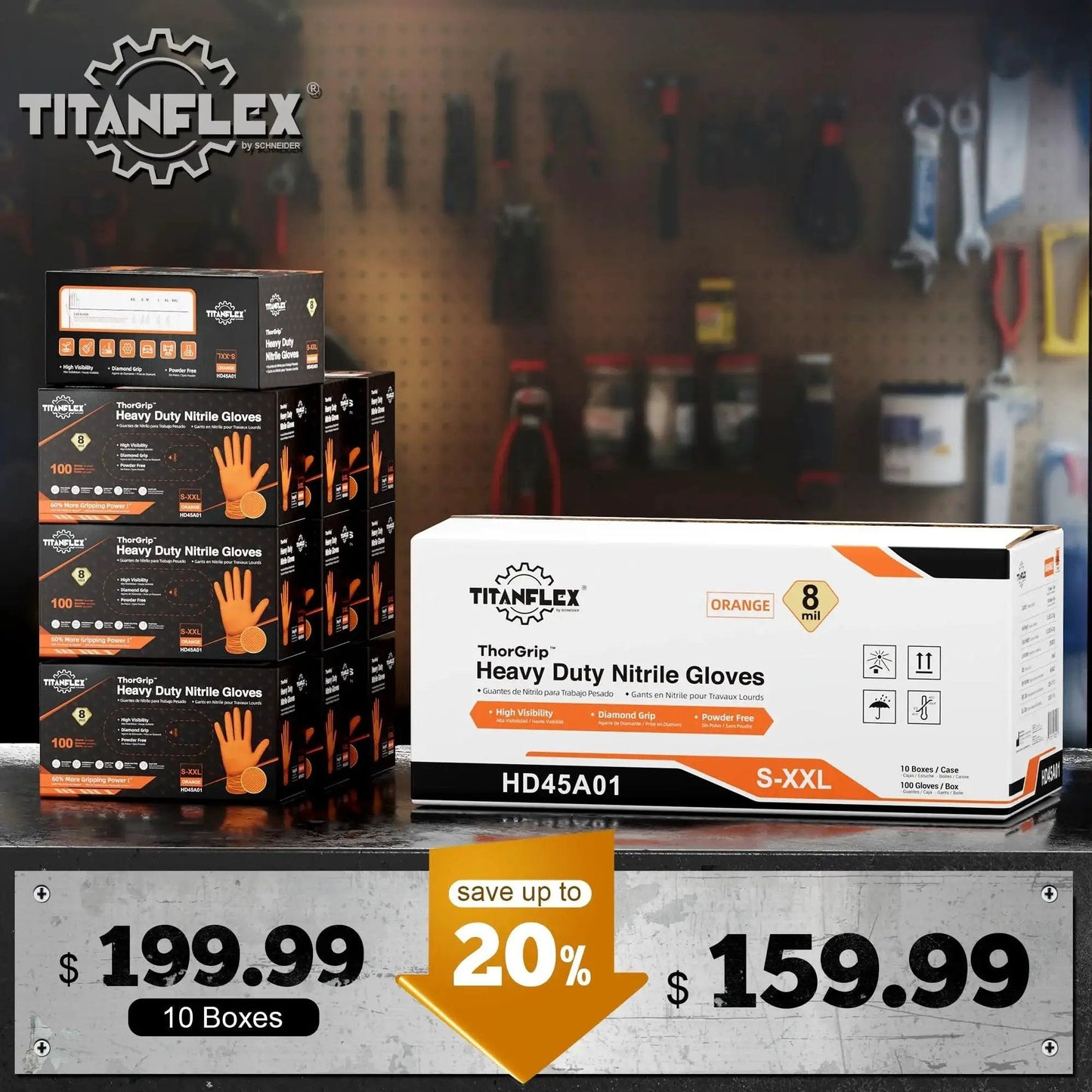 Orange Nitrile Gloves 8 Mil Heavy Duty Powder Free Diamond Texture Grip 1000 Ct stacked boxes on workshop table