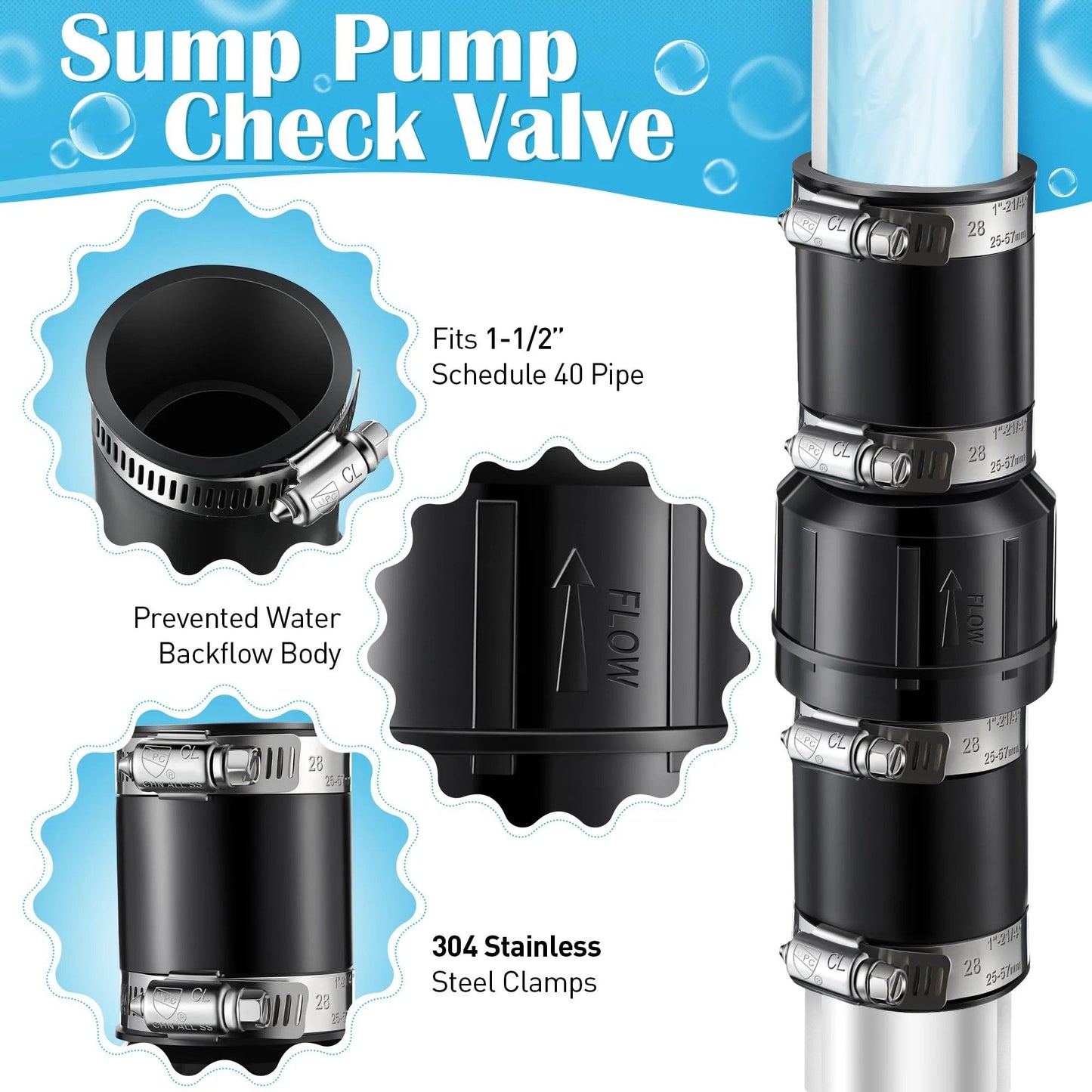 Sump Pump Check Valve For One And A Half Inch And One And A Quarter Inch Pipe Sizes Includes Four Stainless Steel Hose Clamps ABS Plastic Body