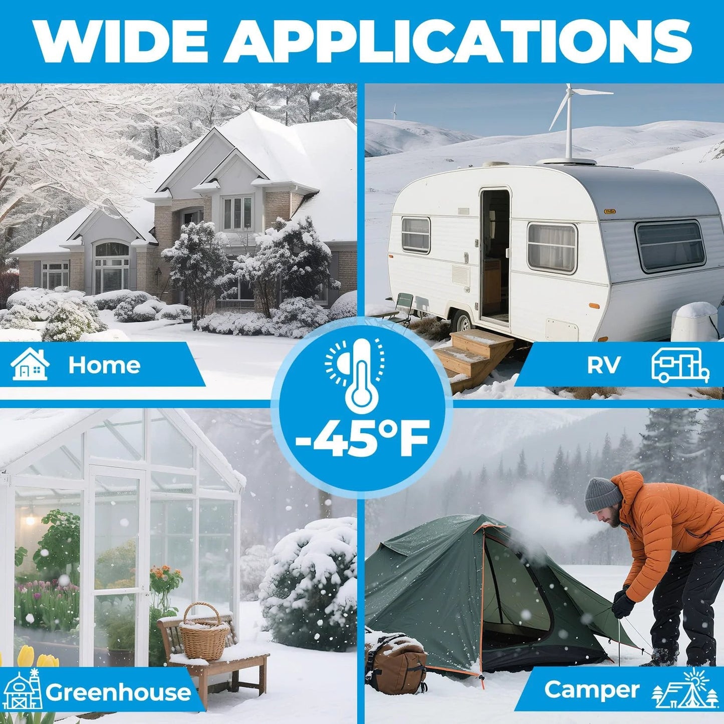 Image showing diverse applications: a snow-covered home, RV, greenhouse, and camper with -45°F heating indication for harsh weather.