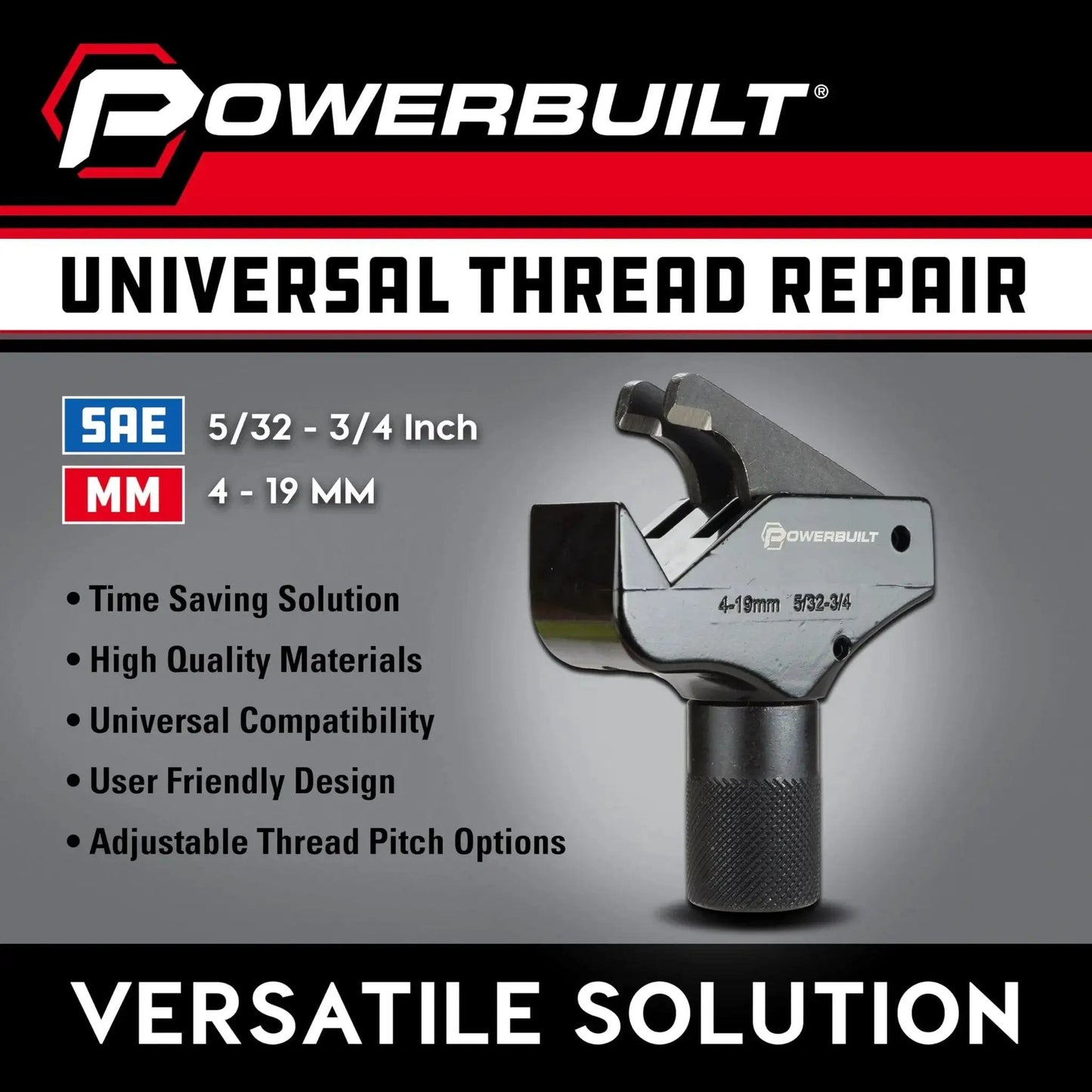 Universal Thread Repair Tool For SAE And Metric Threads With Adjustable Pitch, close-up view in packaging