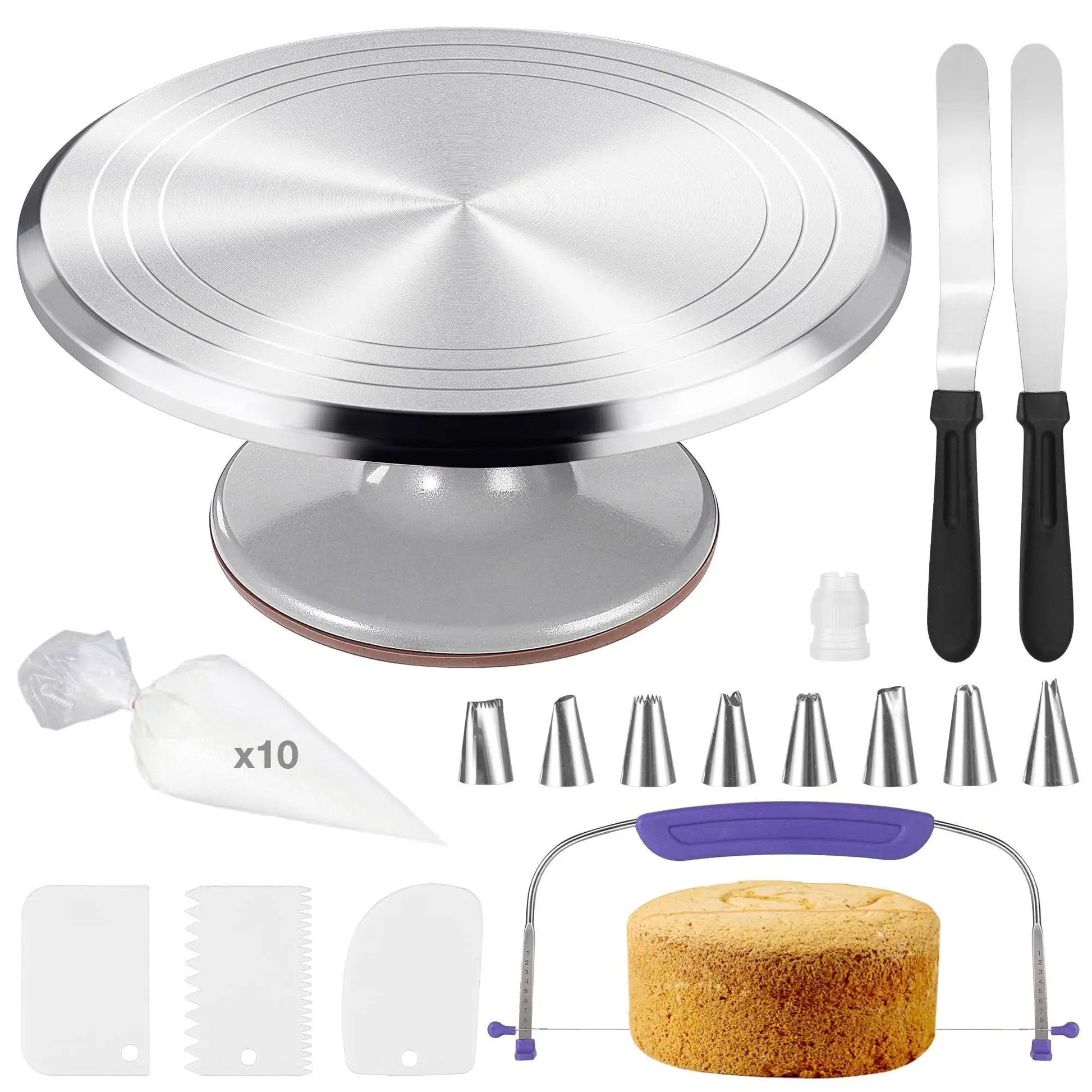 12 Inch Aluminum Cake Turntable Decorating Stand With Rotating Cake Stand Go To Kit For Cakes And Pastries Including Leveler Icing Comb Set 8 Pro Grade Decorating Tips Reusable Coupler And 10 Disposable Pastry Bags