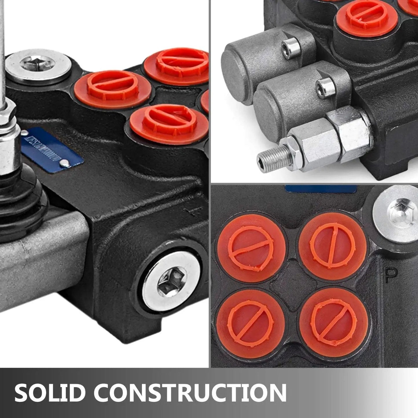 Close-up of Two Spool Hydraulic Directional Control Valve For Double Acting Cylinders, black cast iron with orange connectors
