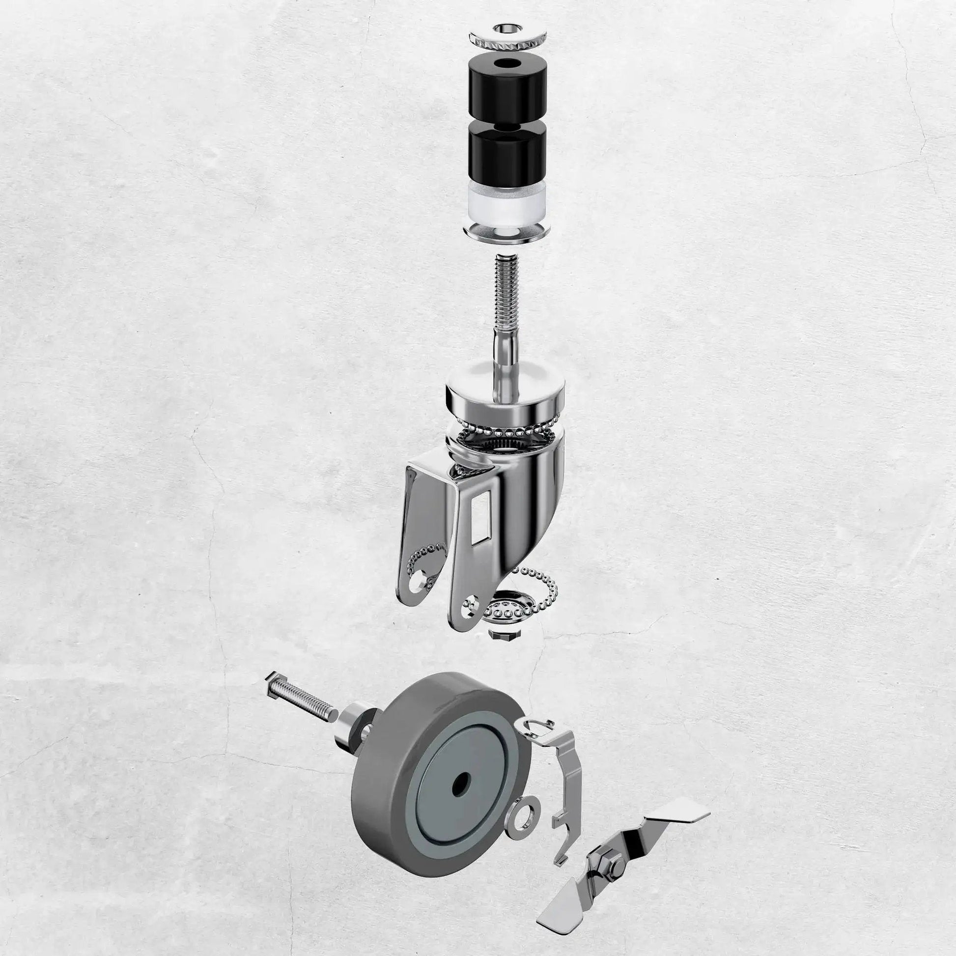 Exploded view of a 4-Inch Table Casters Set Of 4 With Expanding Stem Stainless Steel Locking Non Marring Rubber Wheels For Kitchen Prep Tables