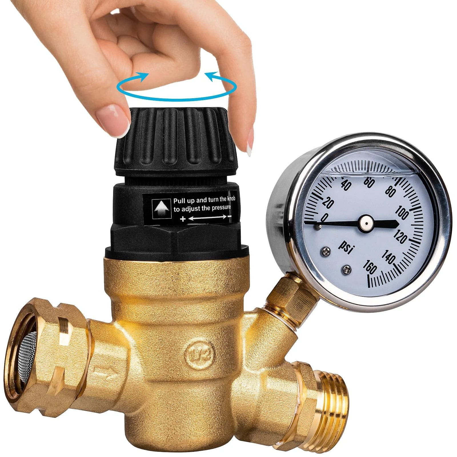 Leadless Brass RV Water Pressure Regulator With Strainer And Pressure Gauge For Camper RV Systems Adjustable Top Handle