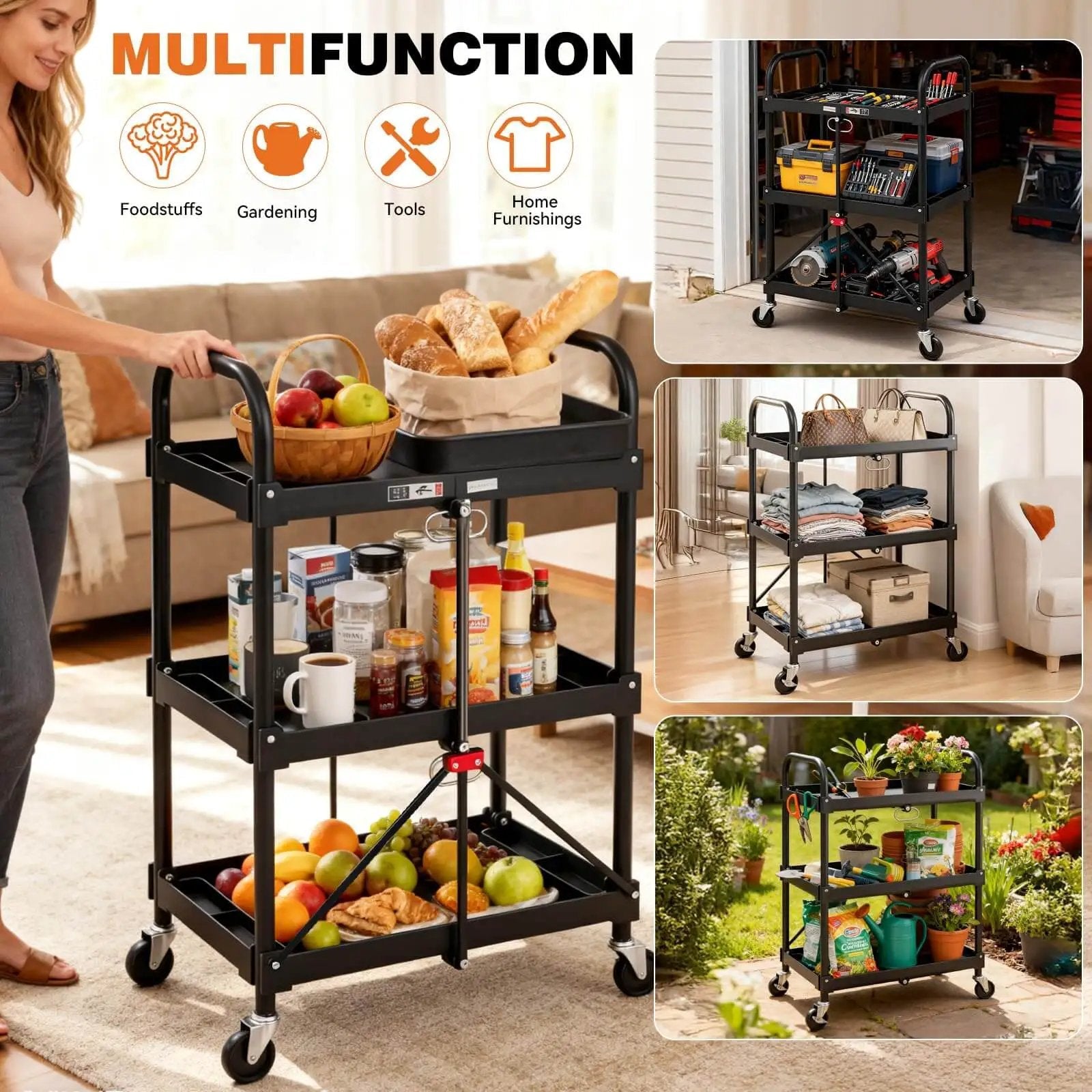 Heavy Duty Three Tier Folding Utility Cart With Four Swivel Wheels And Brakes For Kitchen Office Garage And Garden, 120 Lbs Capacity, Collapsible Rolling Storage Cart, Black From DUMOS, displayed with groceries and tools on multiple tiers.