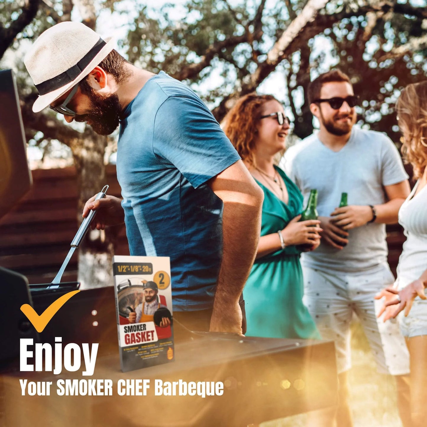 Group using grill with Grill Gasket Upgrade For Smokers And BBQ Folks With Twenty Foot High Temp Seal Kit and Nomex Fire Tape visible