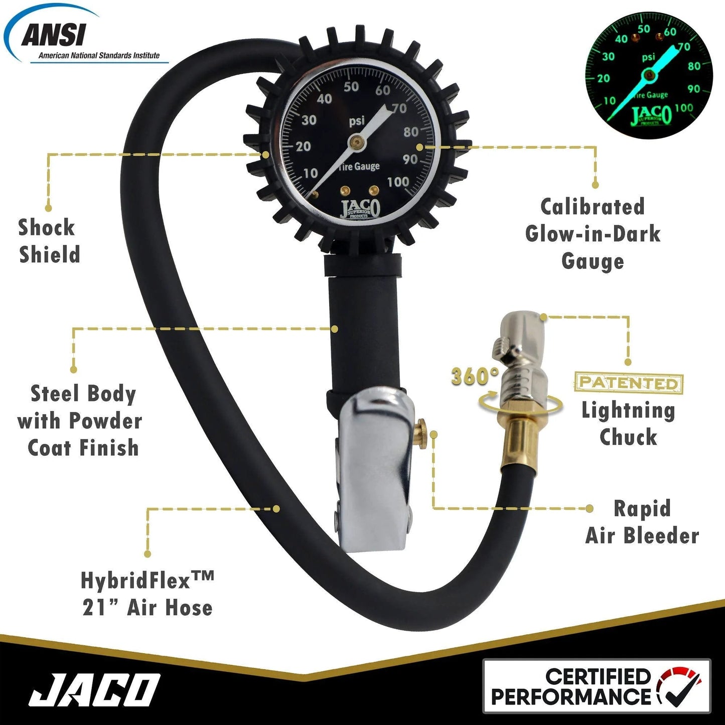 FlowPro Tire Inflator With Pressure Gauge Up To 100 PSI Mechanical Tire Pump For Quick Inflation Without Batteries Calibrated To Two Percent Accuracy With Night Glow Dial Heavy Duty Steel Build