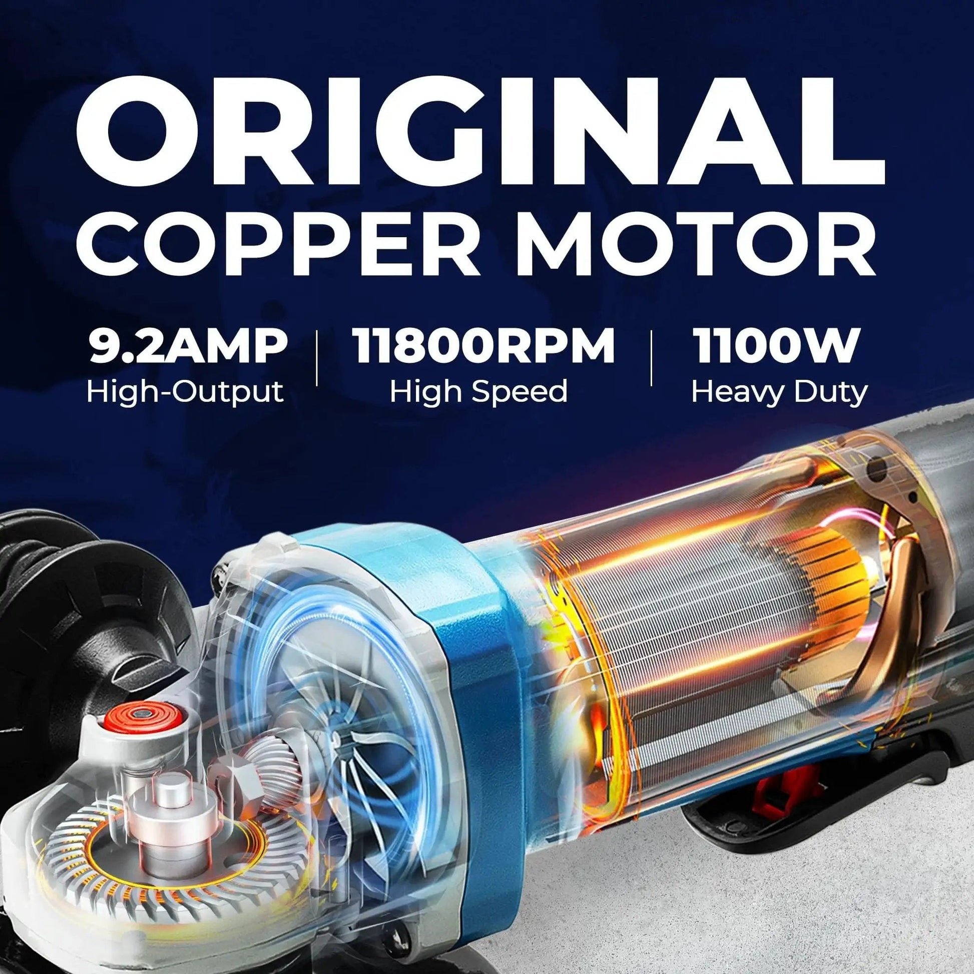 Beast Power 9.2 Amp Corded Angle Grinder 4 And A Half Inch 11800 RPM with tool free guard paddle switch lightweight shockproof handle highlighting internal copper motor and specifications.