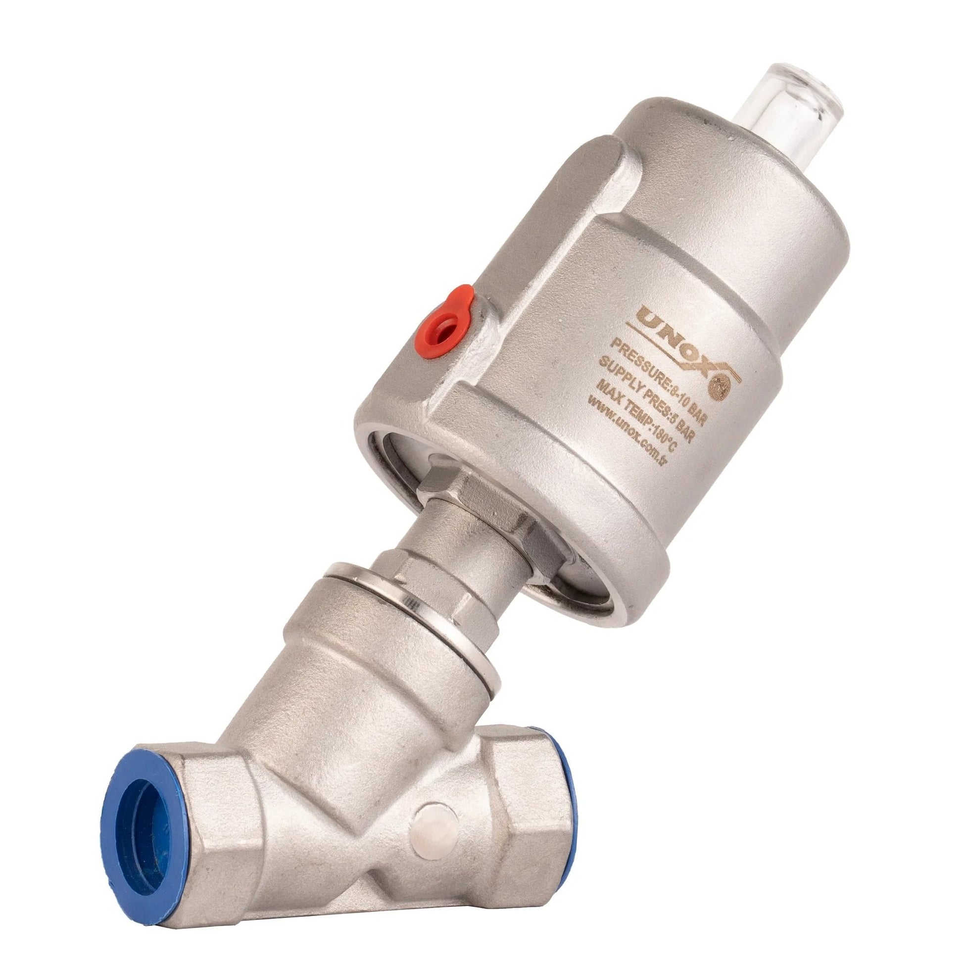 Three Quarter Inch Stainless Steel Pneumatic Valve With Angle Seat Normally Closed Steam And Air Control Three To Eight Bar Range Fast Response Heavy Duty Industrial Single Acting Valve With Threaded Connection From UNOX