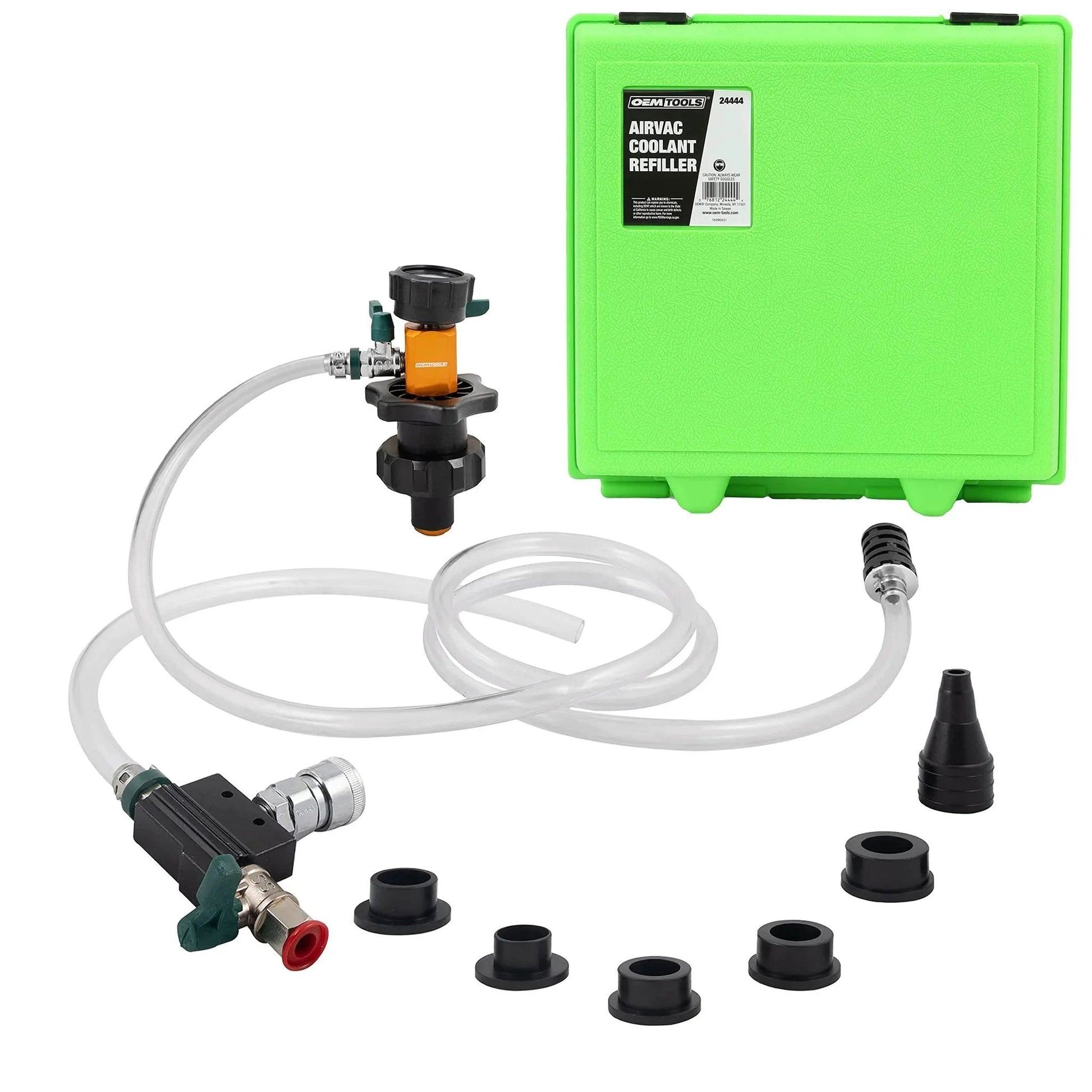Air Evac Cooling System Refill Kit With Universal Adapter And Storage Case Quickly Refill Cooling System Eliminate Trapped Air Prevent Engine Overheating Includes 5 Bushings And Vacuum Leak Test with green case and components.