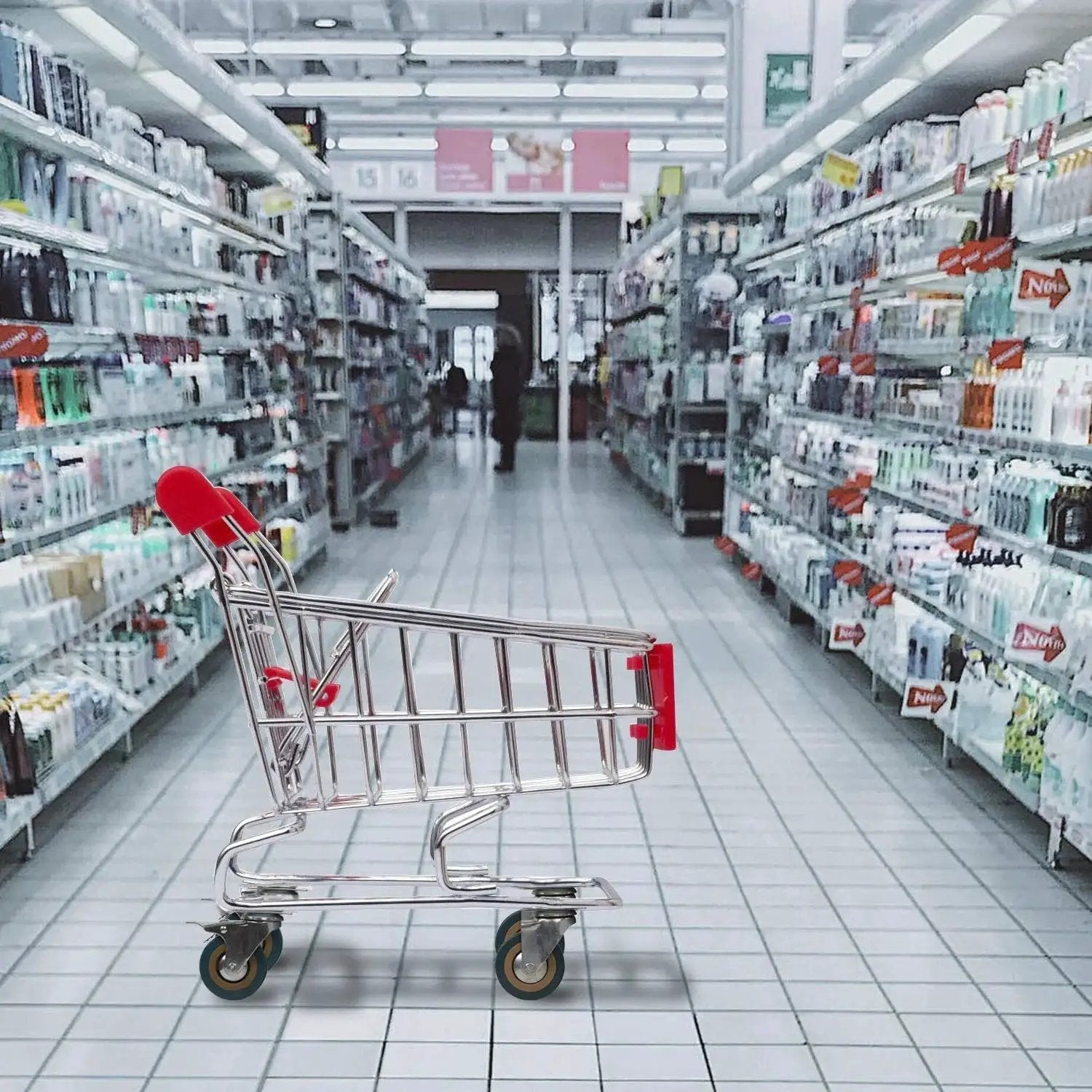 Supermarket aisle with a shopping cart on 8 Pack 3 Inch Swivel Caster Wheels Set With 4 Brakes And 4 Without Brakes PVC Gray