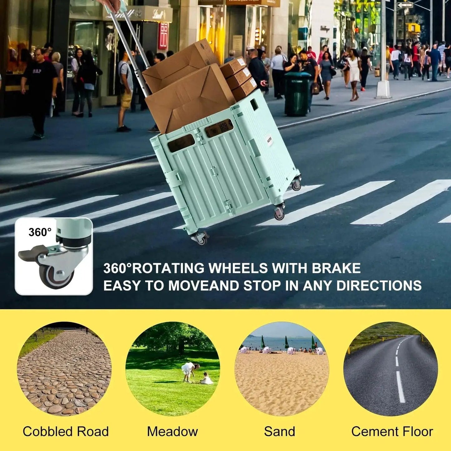 Foldable Utility Cart With Lid And Four 360 Degree Wheels Portable Handcart in use on city street, showcasing maneuverability on different terrains.