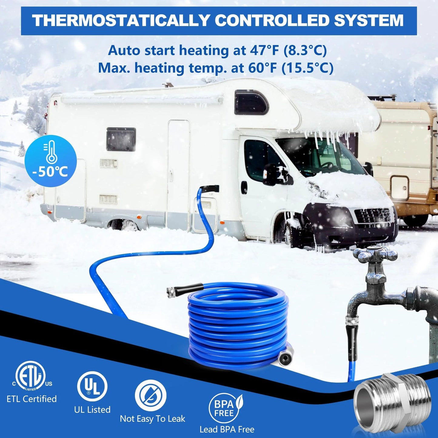 Heated Water Hose for RV and Garden with Self Regulating Tech and Leakage Protection No Fuss Winter Ready Five Eighths Inch Inner Diameter and Three Quarters Inch NH Fittings Ten to Fifty Feet at 120 Volts by XPORTION in use with snowy RV scene