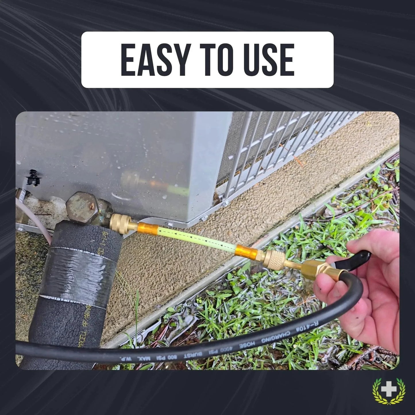AC Leak Sealer Injector Hose Kit With Dual Ball Valve For Injecting HVAC Sealant By Leak Saver attached to AC unit