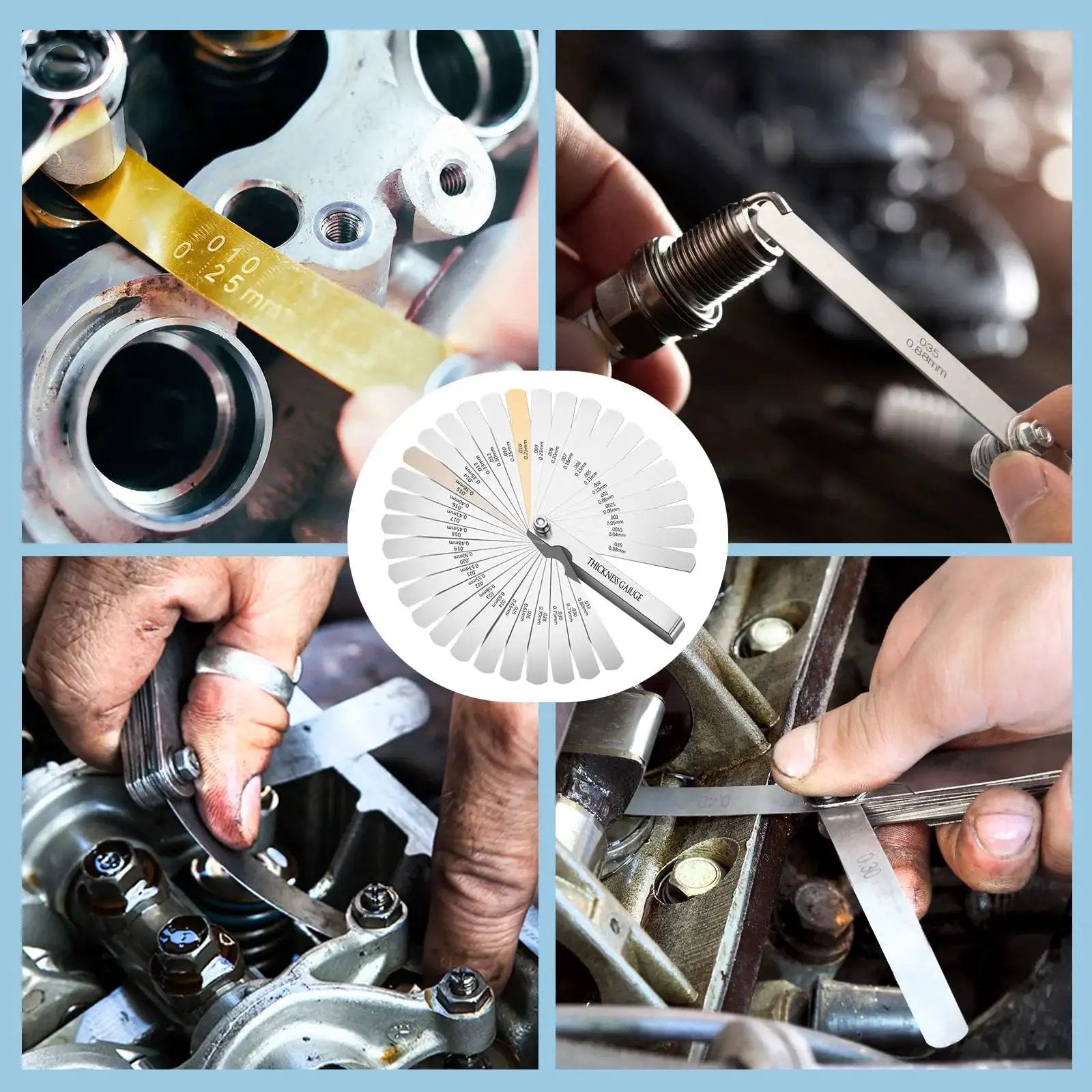 Feeler Gauge Set Stainless Steel 32 Blades Dual Marked Metric And Imperial 0.04 To 0.88 Mm 0.0015 To 0.035 Inch Thickness Gauges For Valve Clearances And Gap Widths And Engine Tolerances Pro Grade Automotive And Machinery Measuring Tool Kit in use checking valve and gap widths