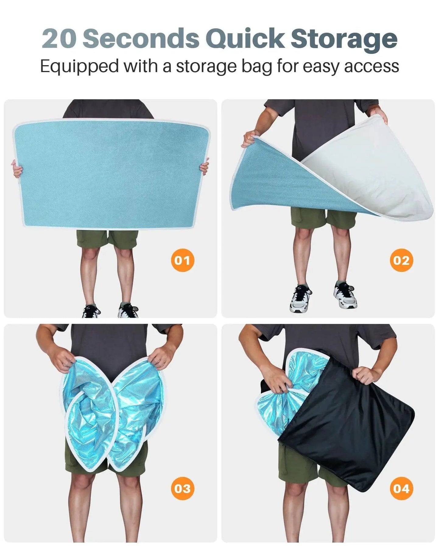 Model Y Upgraded Magnetic Sunshade Ice Silver Nano Coating 2 Piece Set Blue folded demonstration with storage bag.