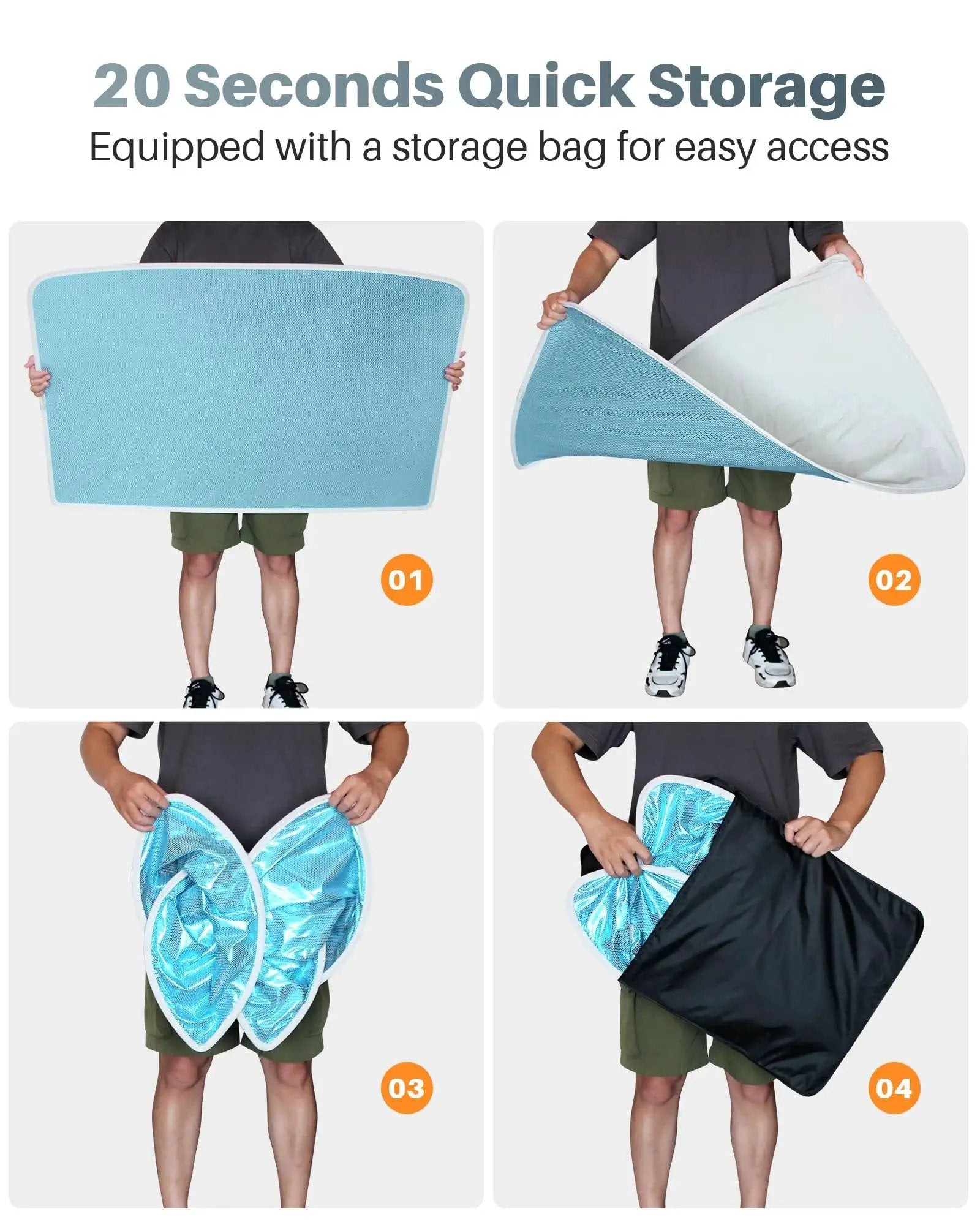 Model Y Upgraded Magnetic Sunshade Ice Silver Nano Coating 2 Piece Set Blue folded demonstration with storage bag.