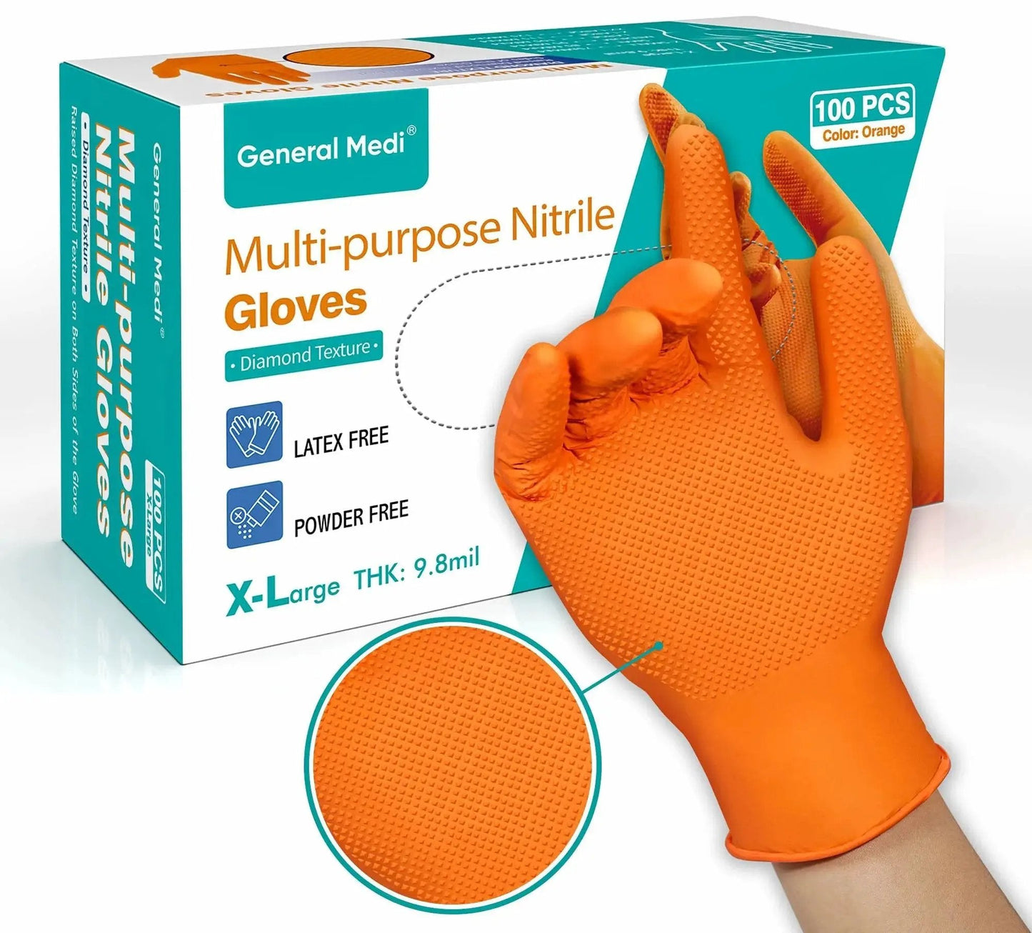 Industrial Nitrile Gloves Heavy Duty Diamond Textured Orange XL 100 Count, hand wearing glove, focus on texture, box visible