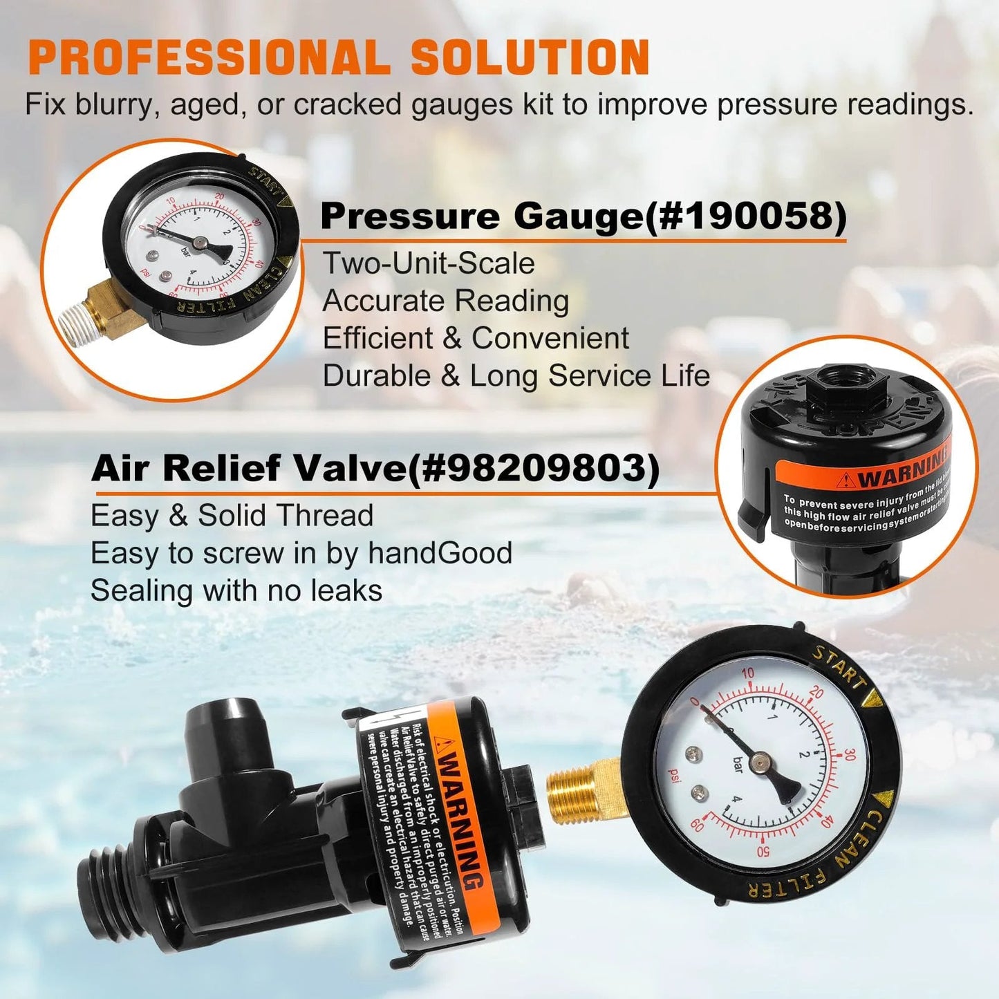 Manual Air Relief Valve Assembly With Pool Filter Pressure Gauge For Easy No Fuss Install And Long Life Compatible With Pentair Air Relief Valves FNS Clean And Clear Quad De 4000 Series Spa And Pool Filters, showing pressure gauge and valve detail.