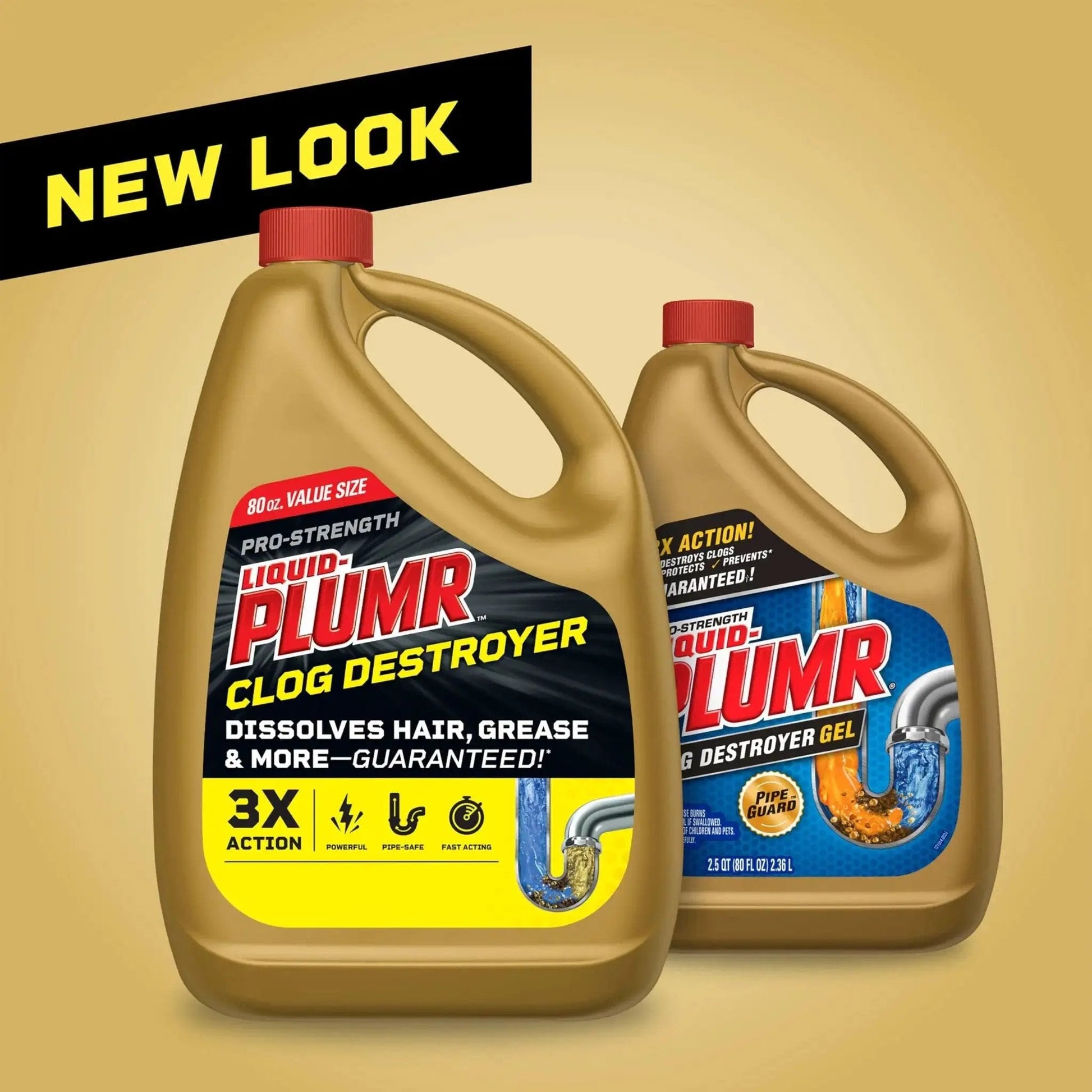 Pro Strength Clog Destroyer Gel For Drains Liquid Drain Cleaner 80 Oz in new packaging, front and side view.