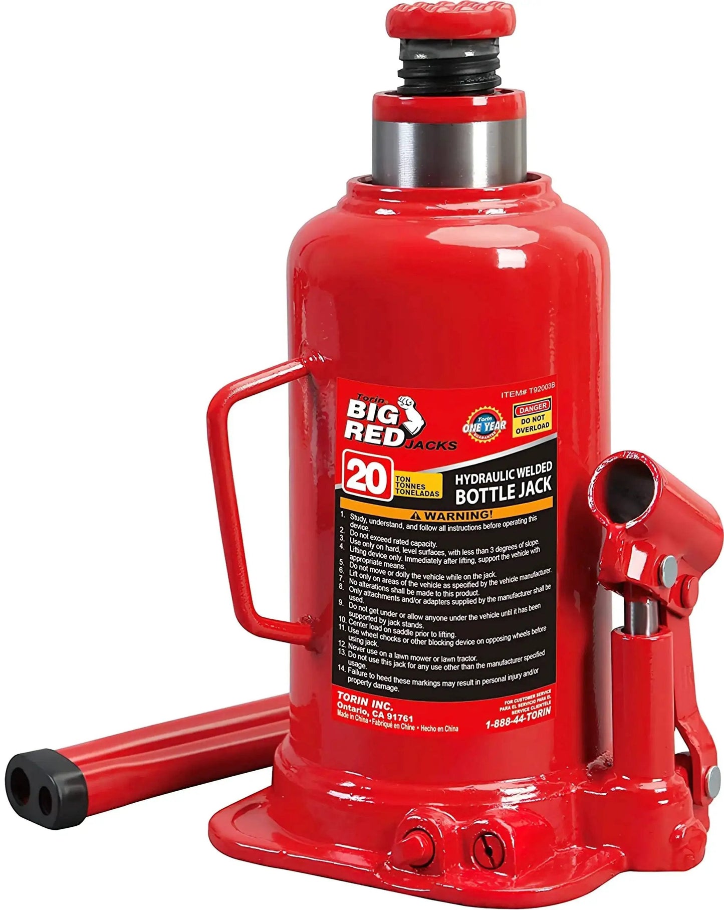 Red 20 Ton Hydraulic Bottle Jack With Adjustable Top Extension And 9.44 To 17.69 inches, handle and pump visible