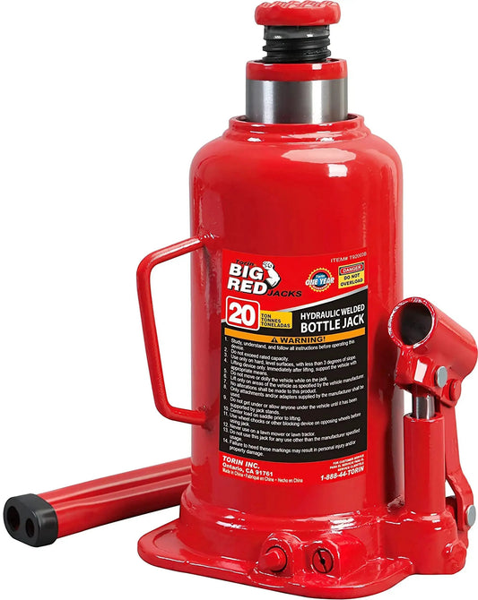 Red 20 Ton Hydraulic Bottle Jack With Adjustable Top Extension And 9.44 To 17.69 inches, handle and pump visible