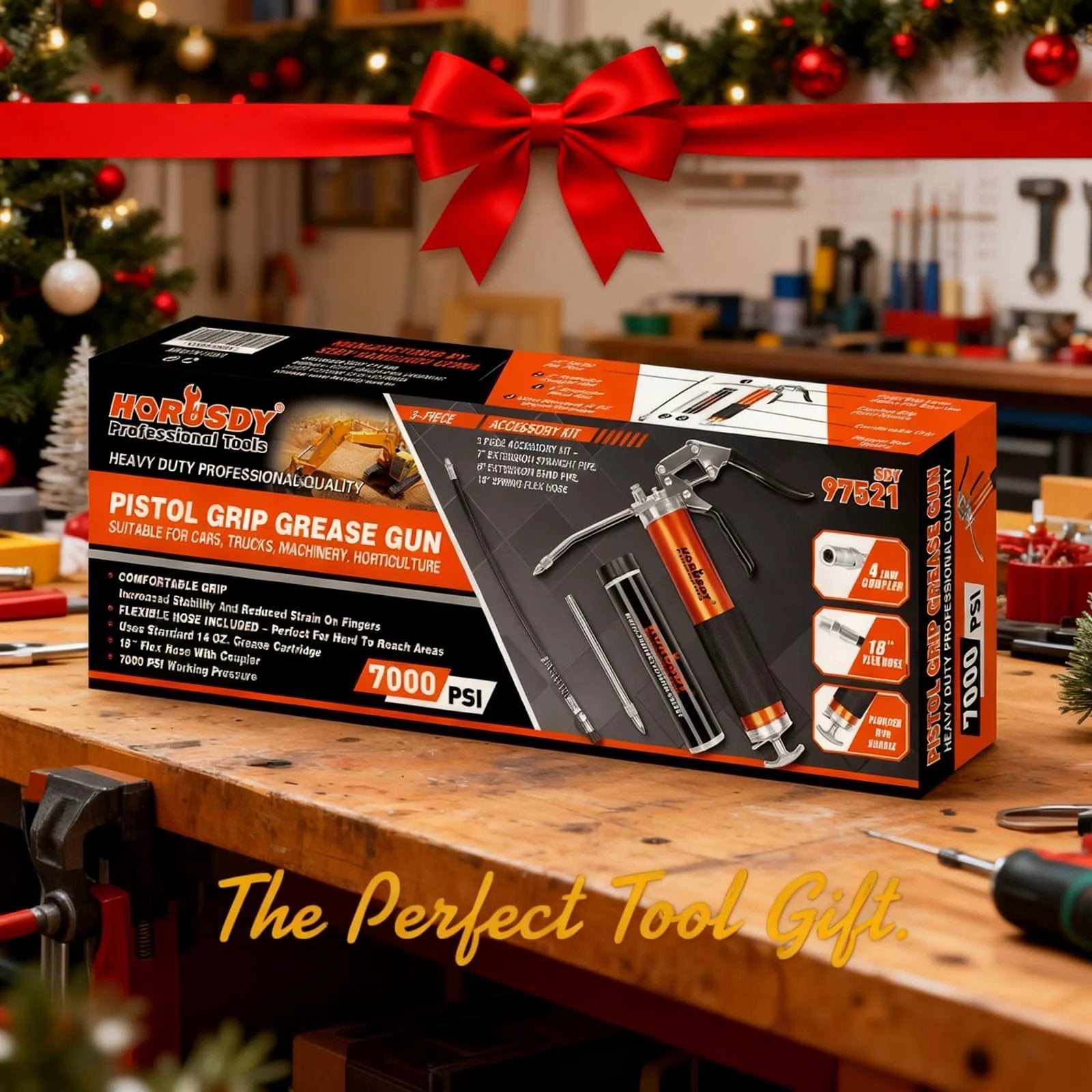 Heavy Duty Grease Gun Kit With 14oz Tubes, 7000 PSI, featuring packaging showcasing tools, on a festive workbench.