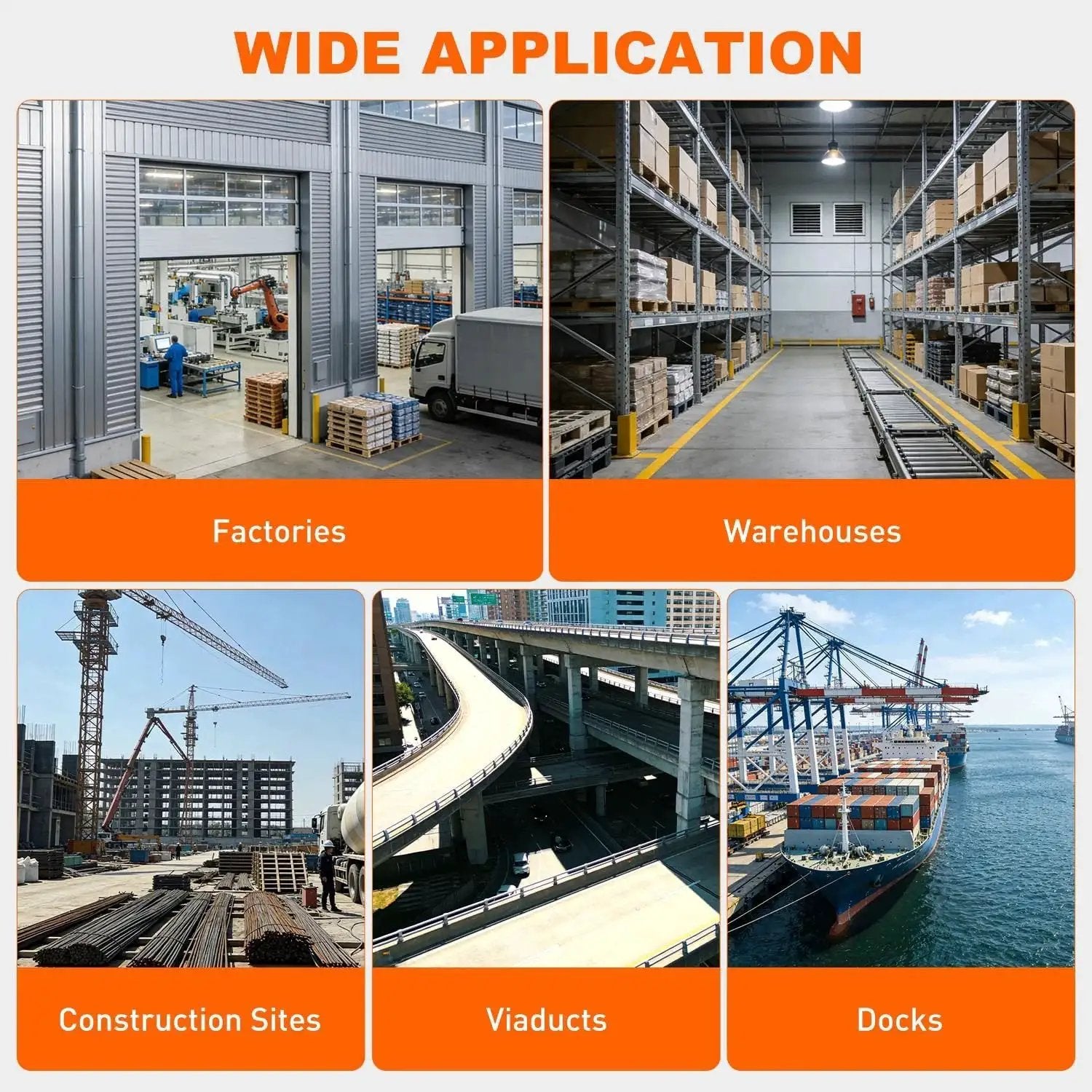 Collage showing wide application: factories, warehouses, construction sites, viaducts, docks.